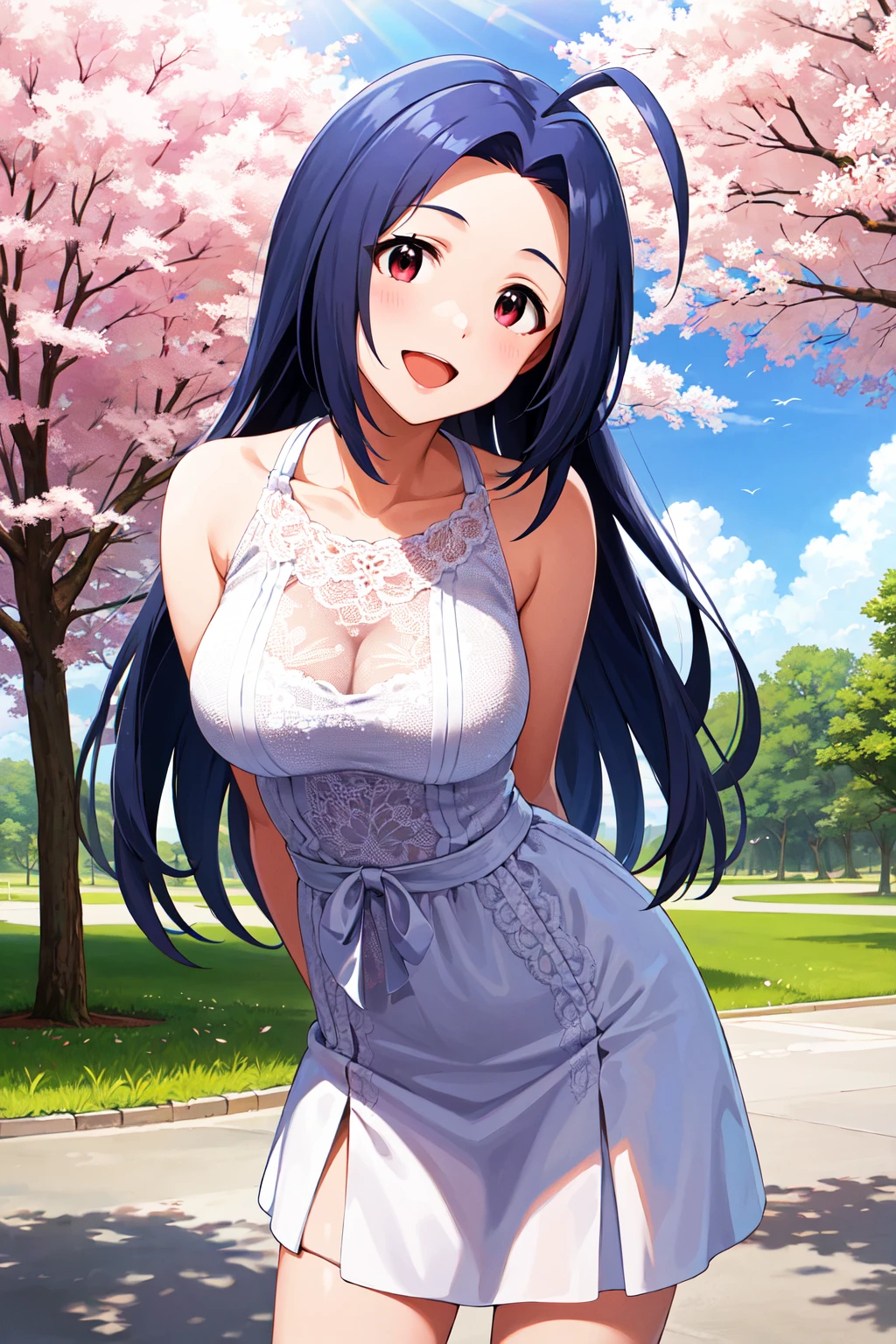 masterpiece, best quality, highres, aaazusa, long hair, ahoge, parted bangs, <lora:miura_azusa_v1:0.7>, dress, standing, cowboy shot, outdoors, smile, open mouth, leaning forward, arms behind back, cherry blossoms