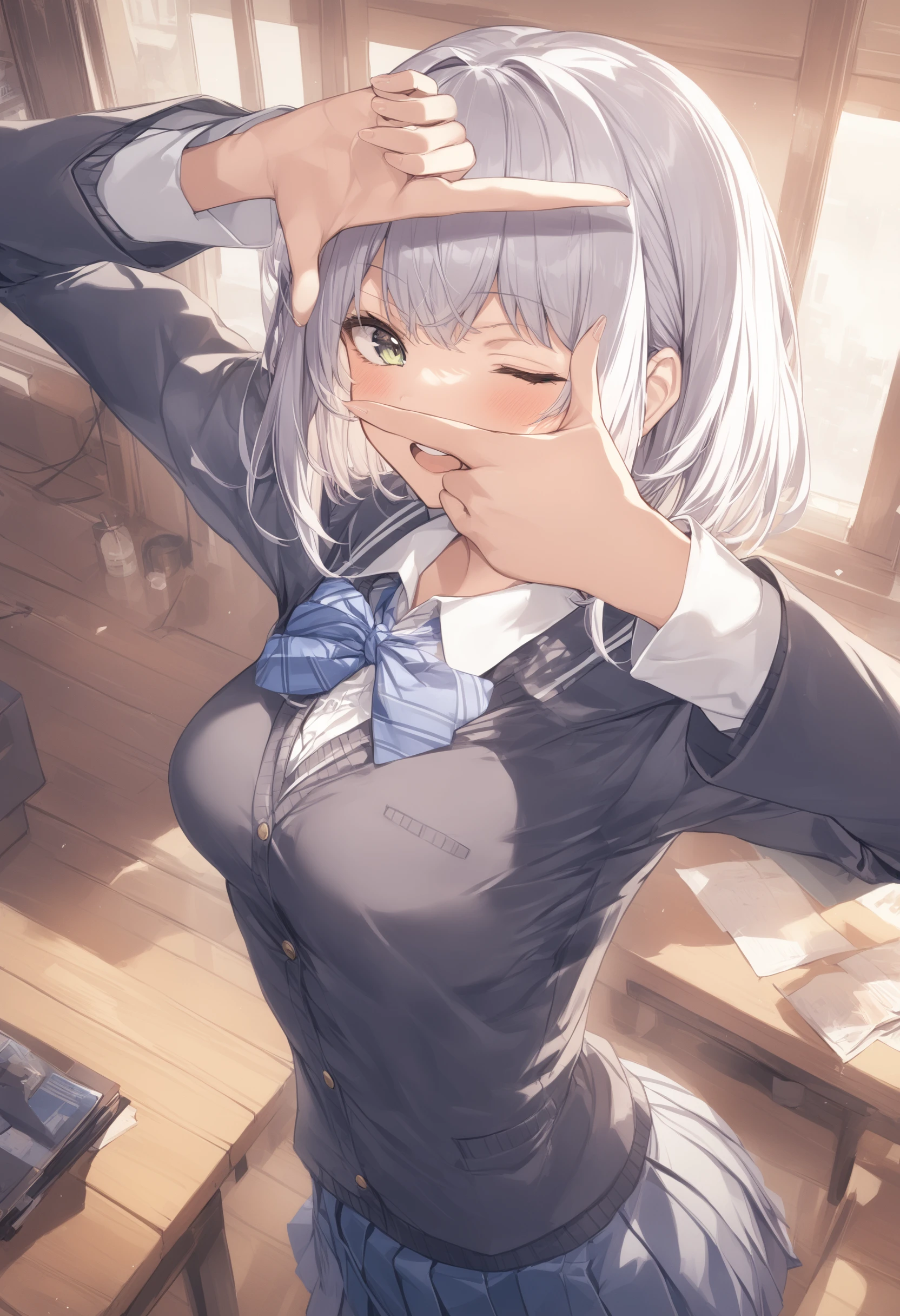 NSFW, white hair, blue eyes, medium straight hair, medium breasts, solo, blushing, sweating, adult female leaning forward, cleavage, suit