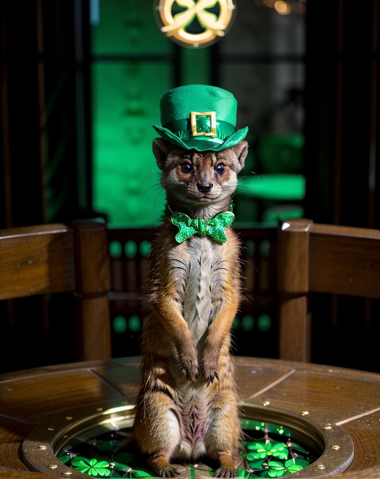 cinematic photo <lora:quiron_sainttPatrickDay_v2_Lora:0.87> saintPatDQuiron, wildlife photograph of a meerkat, telephoto lens, F2.0, circle frame with gilding, art nouveau., Saint Patrick's Day, . 35mm photograph, film, bokeh, professional, 4k, highly detailed