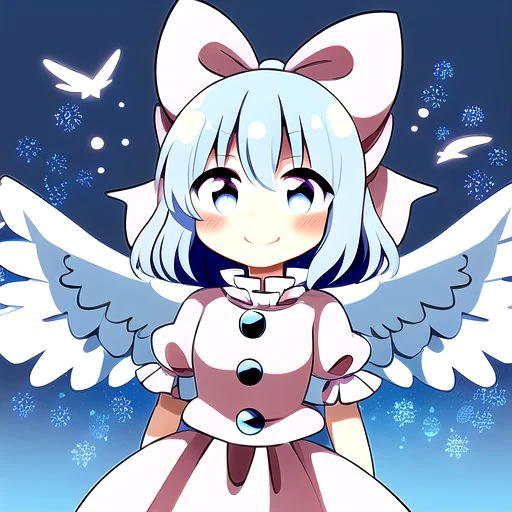 Best quality, most quality, solo, masterpiece, full body, smile, blush, Mai, Light-blue eyes, Light-blue hair, light pink bow, light pink dress, wings, angel wings, small light pink wings,