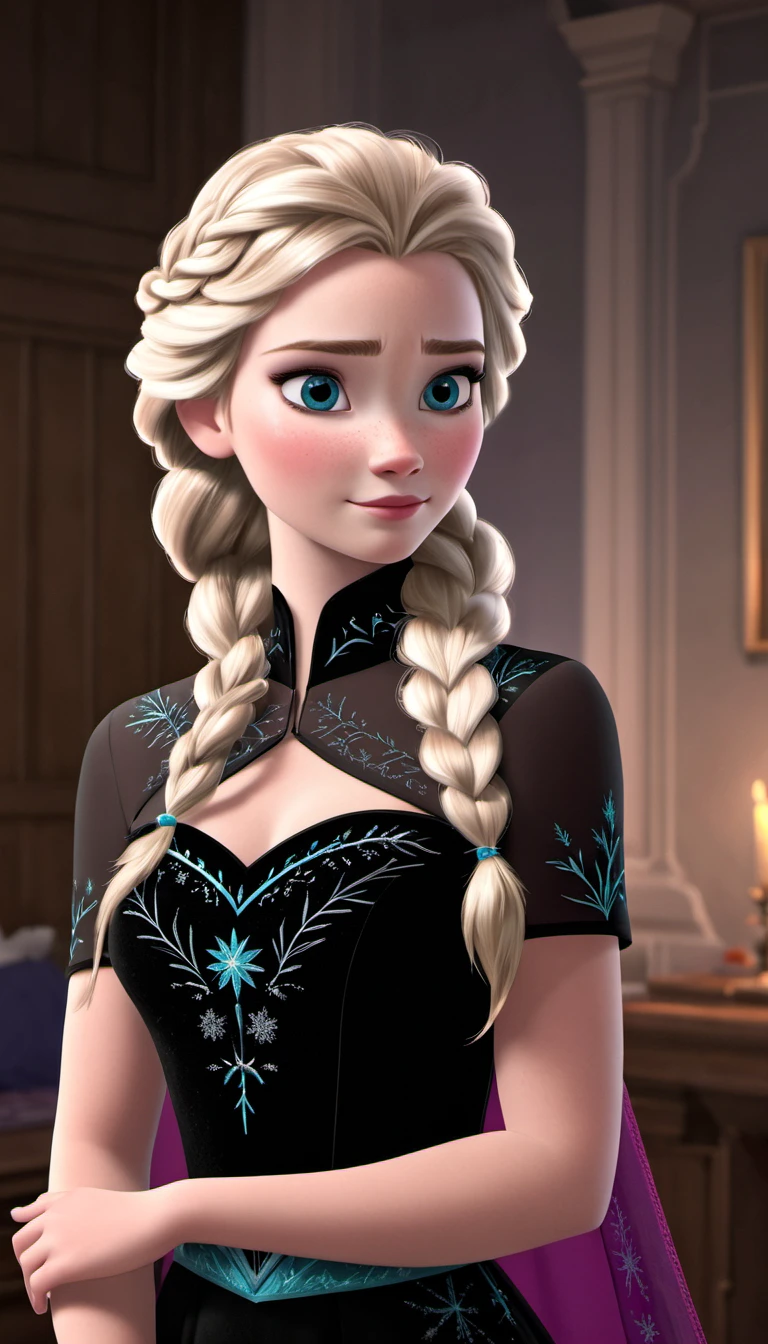 (the rule of thirds), disney frozen animation movie,masterpiece, highres, 4k, 1girl, blush, solo, photo, photography, Elsa and anna frozen, very close,indoor princess room,simple background photo, (((wears black dress)), ((ultra sharp, tack sharp)), <lora:elsa_of_arendelle_v1:0.8>,elsa_of_arendelle,single_braid, elsa \(frozen\), eyelashes, eyeshadow, hair tie, lips, looking at viewer, makeup, nose, dark lips, single braid, flower in hair, closed mouth smile, big boobs,living room