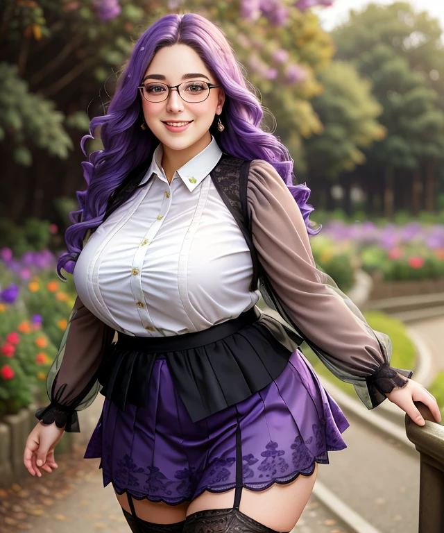 w1nt3rh0 , (((blurred nature, outdoor), close portrait photo, smile, realistic, ((Brave Elegance: Long Sleeves, and Glamour, skirt, stockings,)), chubby, Purple hair