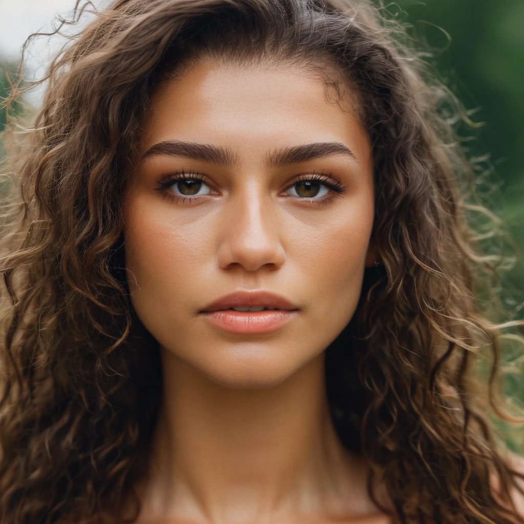 Skin texture, no makeup, Super high res closeup portrait photo of a woman outdoors with wavy long hair,f /2.8, Canon, 85mm,cinematic, high quality,looking at the viewer, <lora:zendaya_xl_1_standard_wo_cap_merger_23_78_07_03:1>