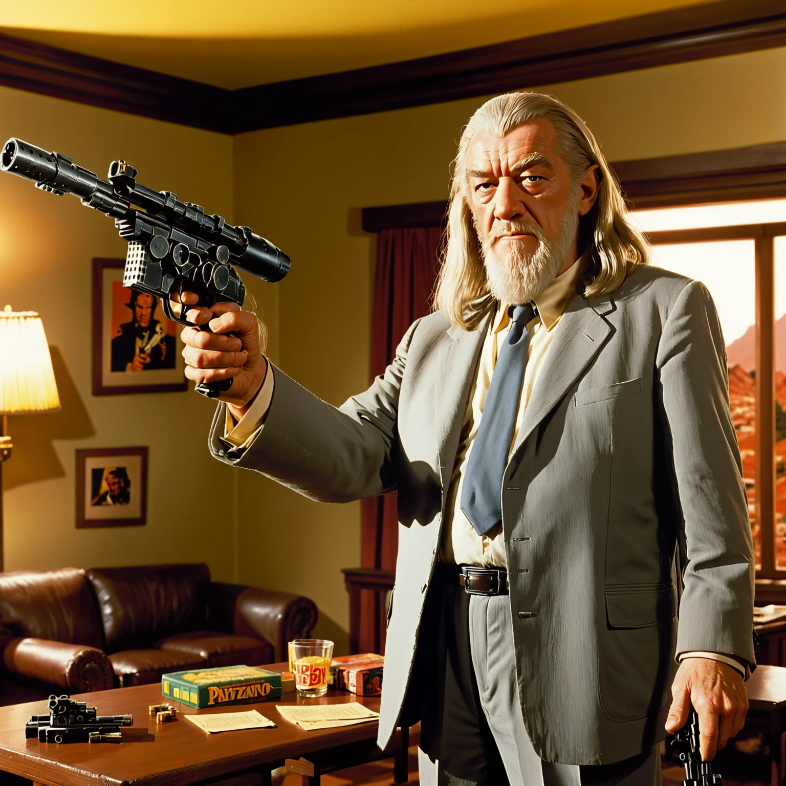 Gandalf aiming a gun in the apartment scene from Pulp Fiction, dl44blstr, tarantino, wizard, movie poster, grey suit, movie grain, laser sight,