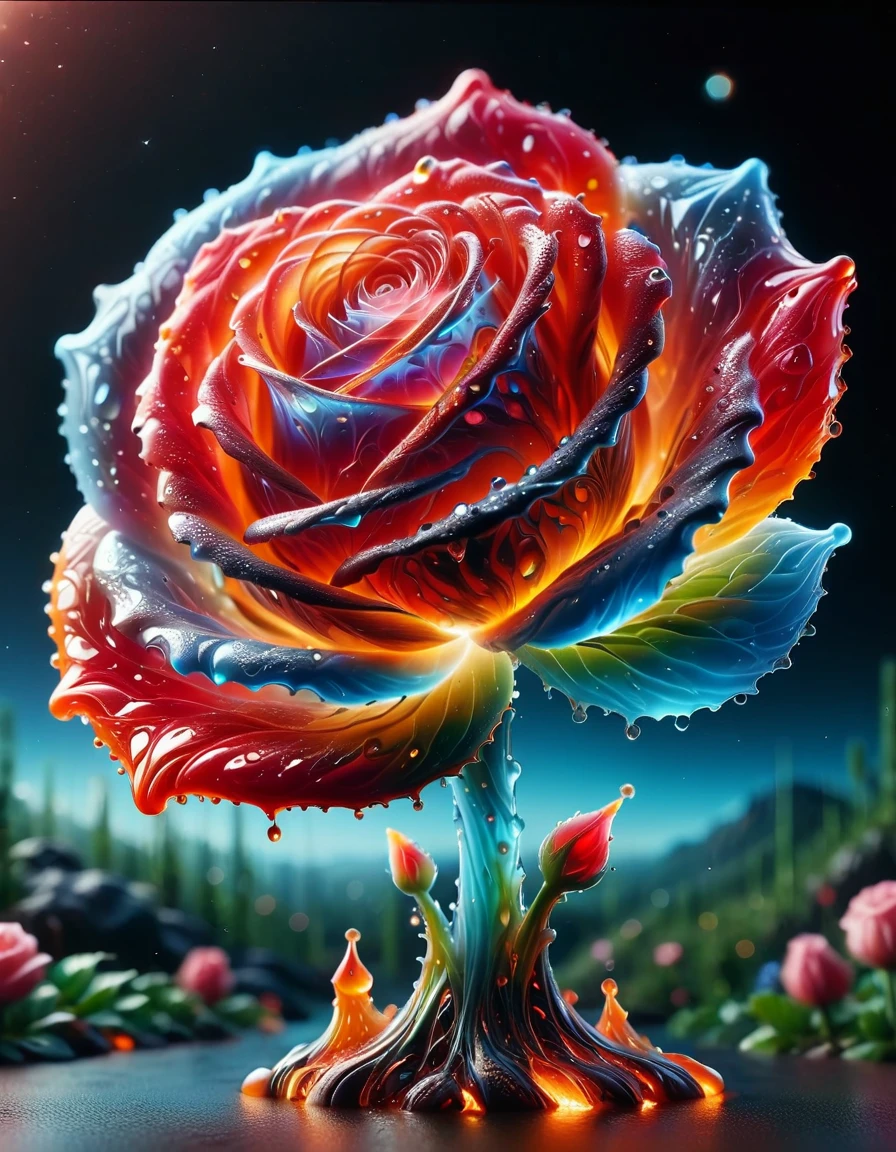 macro photo, sparkling magical fantasy glass rose dewdrop, very detailed, amazing quality, intricate, cinematic light, highly detail, beautiful, surreal, dramatic, galaxy fantasy colors <lora:ral-lava-sdxl-v2:1> ral-lava