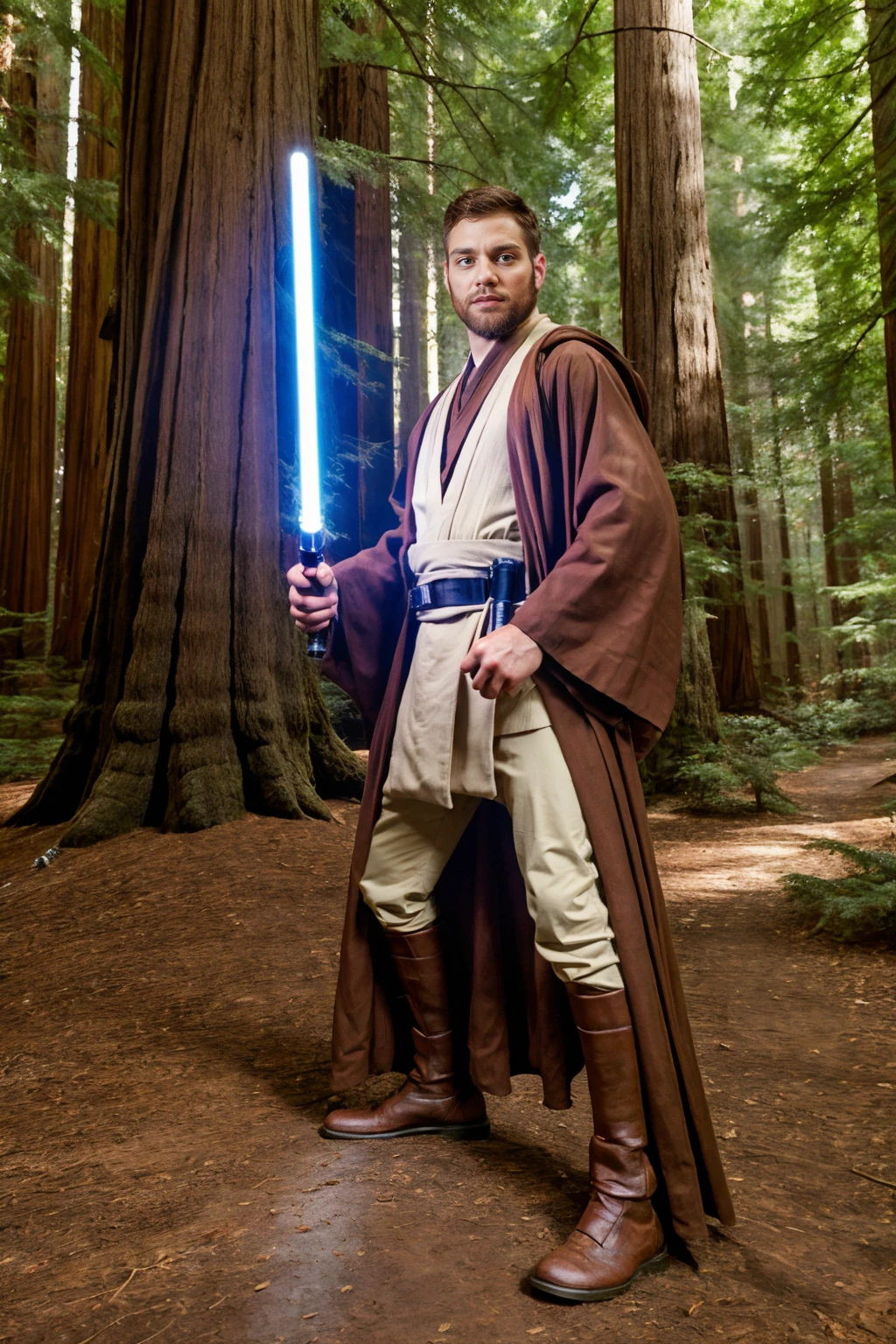 standing in a redwood forest among giant redwood trees, bearded, TommyDefendi is a jedi master in jedioutfit, (holding lightsaber), (((full body portrait))), wide angle <lora:jedioutfit:0.65> <lora:starwars:0.25>    <lora:TommyDefendi:0.8>
