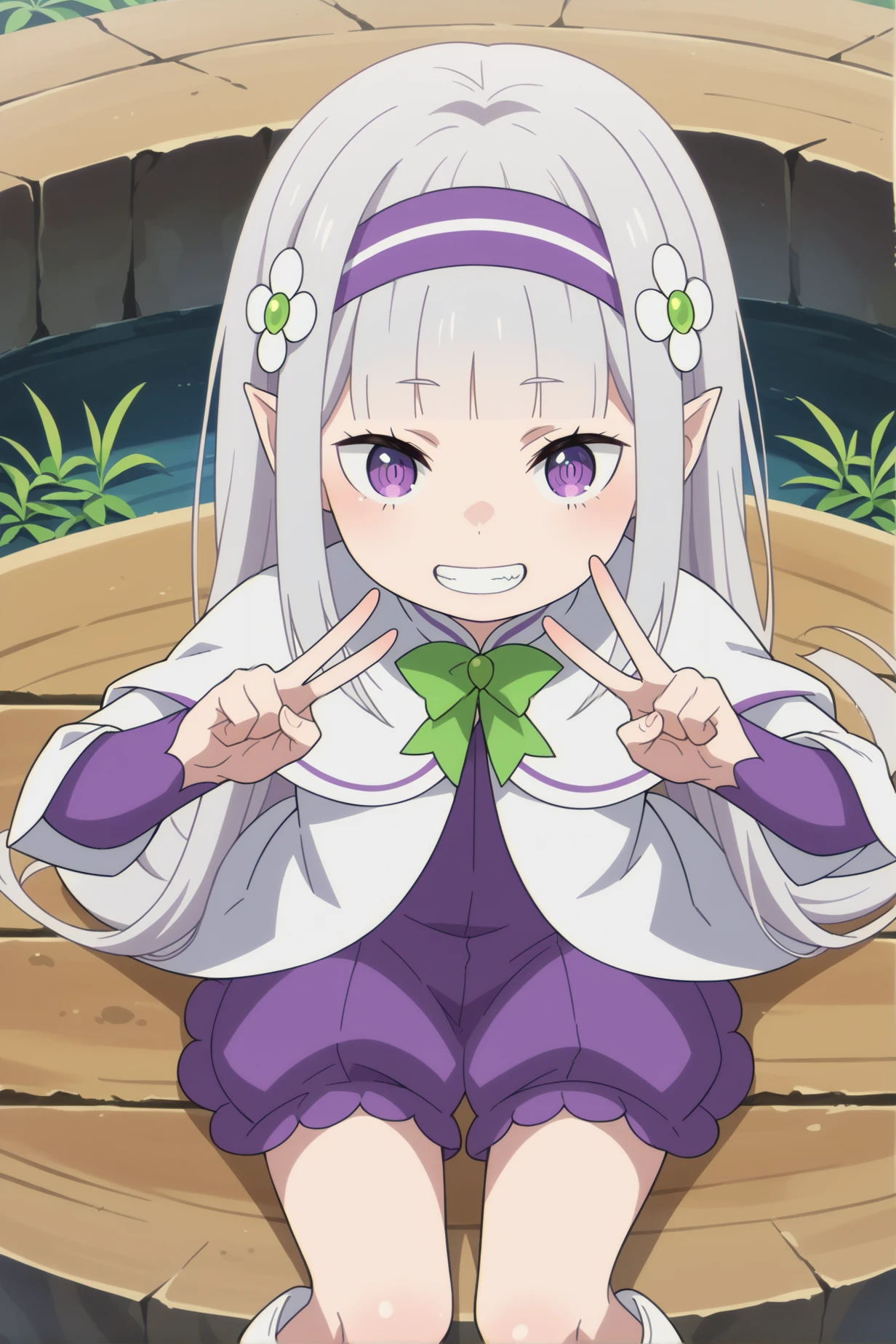 score_9, score_8_up,
<lora:LolimiliaXL-000030:1>,1girl, long hair, grey hair, hair flower, bangs, pointy ears, hairband, solo, blunt bangs, white capelet, long sleeves, looking at viewer, purple dress, very long hair, sitting,white footwear, knee boots,, green bow, from above, grin, purple eyes, double v, smug,
outdoors, forest,
anime screencap, anime coloring,source_anime,