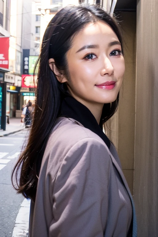 Best quality,masterpiece,ultra high res,(photorealistic:1.2),1girl,in the dark,deep shadow,low key,(photorealistic:1.2),slim body,japanese street alley,dynamic pose,makeup,(smile:0.8),bust,<lora:ruby_lin:1>,