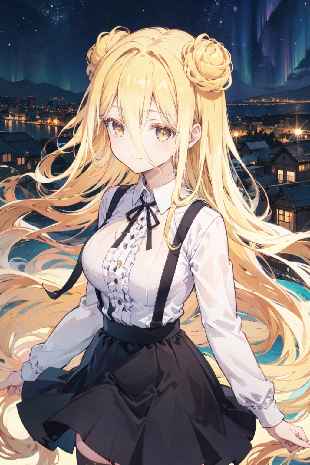 mmukuro,<lora:mmukurov8:0.8> ,blonde hair, double bun, very long hair, long bangs, hair between eyes, (suspender skirt:1.4), black skirt, white shirt, long sleeves, striped thighhighs, outdoors, cityscape, city lights, night sky, night, aurora, standing, looking at viewer, black ribbon, center frills, (upper body:1.3),