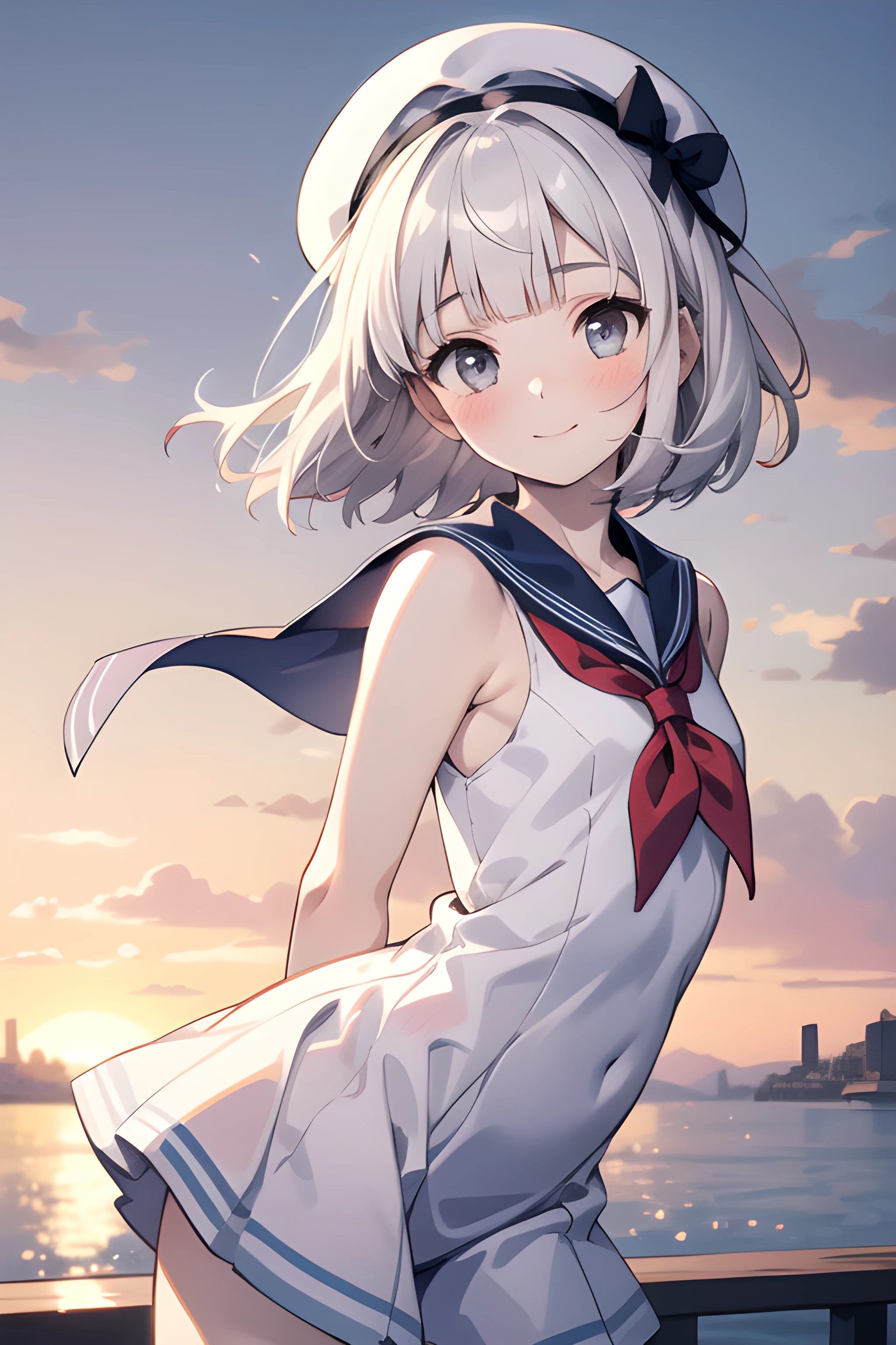 (masterpiece, best quality, highres), 1girl, solo, white hair, short hair, straight hair, blunt bangs, grey eyes, flat chest, narrow waist, petite, pale skin, looking at viewer, blush, light smile, leaning forward, arms behind back, sailor dress, sailor hat, blue sailor collar, red neckerchief, harbor, sleeveless, portrait, wind, floating hair, wind lift, sunset