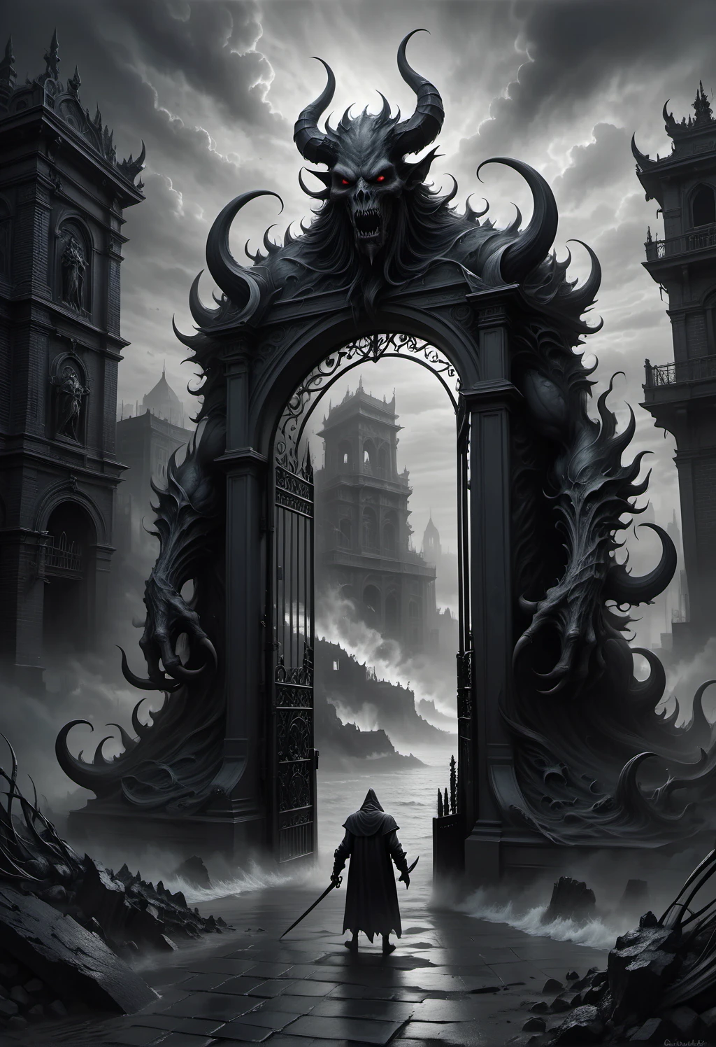 <lora:add-detail-xl:1> devilish creatures by paul ssaathoff, in the style of brooding cityscapes, gates of hell, traditional oceanic art, graphite realism, ominous landscapes, highly detailed figures, 8k resolution