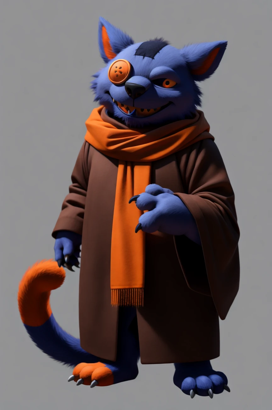 male, solo, seam \(deltarune\), purple cat, button eyes, felid, plushie, stitch \(sewing\), tail, smile, fang, sewn mouth, one black eye, one orange eye, button \(fastener\), standing, patch \(fabric\), full-length portrait, cheek tuft, masterpiece, extreme detail, mature male, brown robe, long sleeves, shawl, barefoot, claws, toe claws, fewer digits, 3 toes, dark background, asymmetrical, mismatched