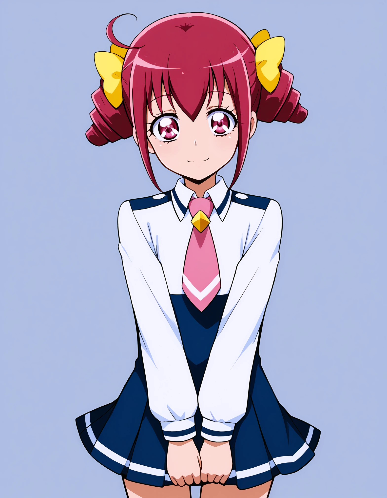 score_9, <lora:sdxl_lightning_8step_lora:1> source_anime, rating_safe BREAK 1girl, solo
<lora:ponyxl_character-smile_precure:1>
hoshizora miyuki, pink hair, twin drills, pink eyes, nanairogaoka middle school uniform, pink necktie