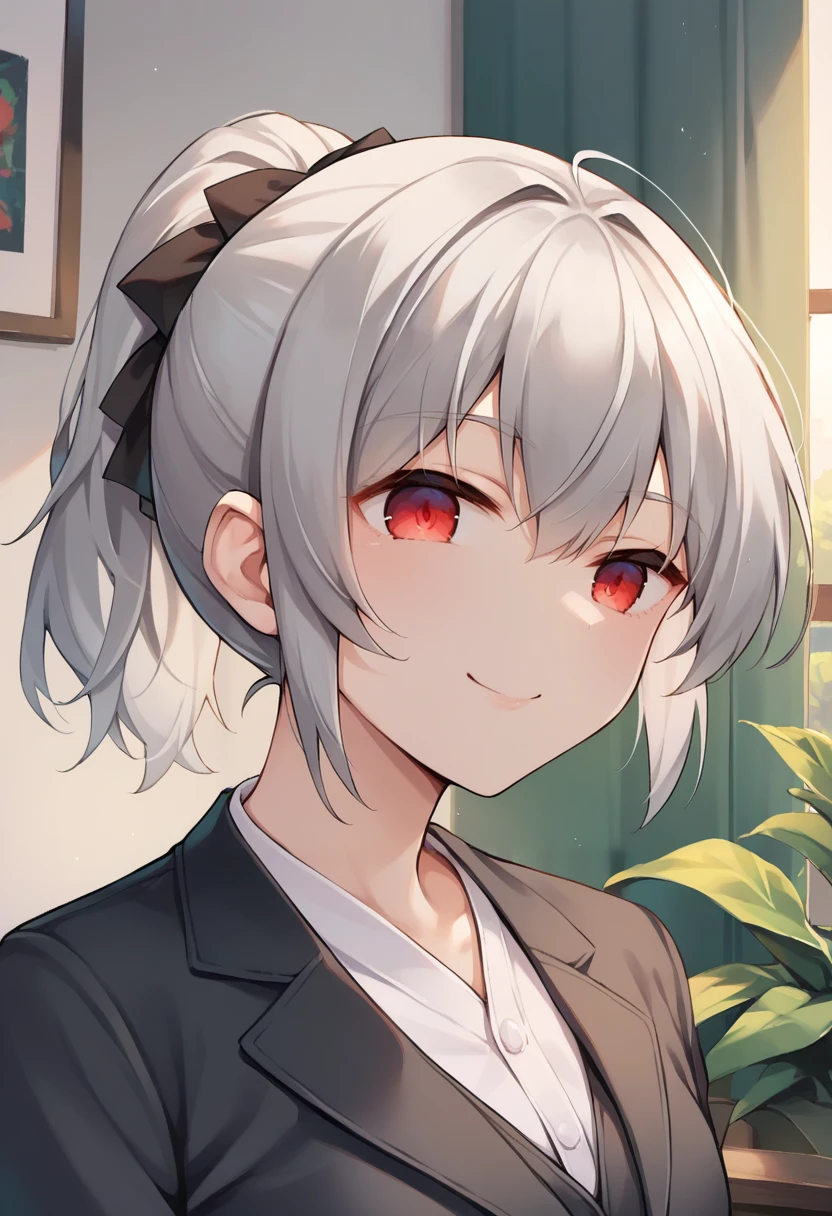 score_9, score_8_up, score_7_up, source_anime, 1girl,red eyes,smile, room, wariza, ponytail,grey hair, portrait, blazer, by oniharigusa <lora:Oniharigusa-Style-PonyXL-000034:1>