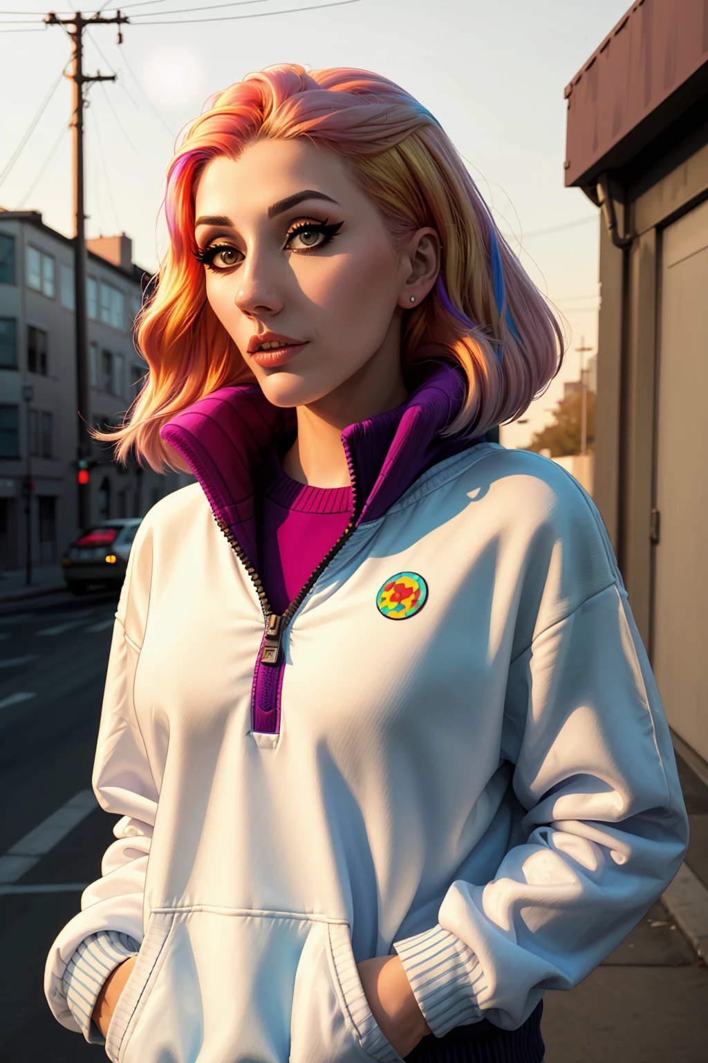 flat color style, ultra detailed, glossy, smooth, comic style,<lora:Rolyatistaylor-v1-03:1.4> rolyatistaylor,parted lips,upper body, portrait,, Quarter-Zip Sweater, Golden Hour, Colorful Street Art Photography, odd numbers, Softbox with a diffuser and snoot for versatile control (Diffused Snooted Softbox).