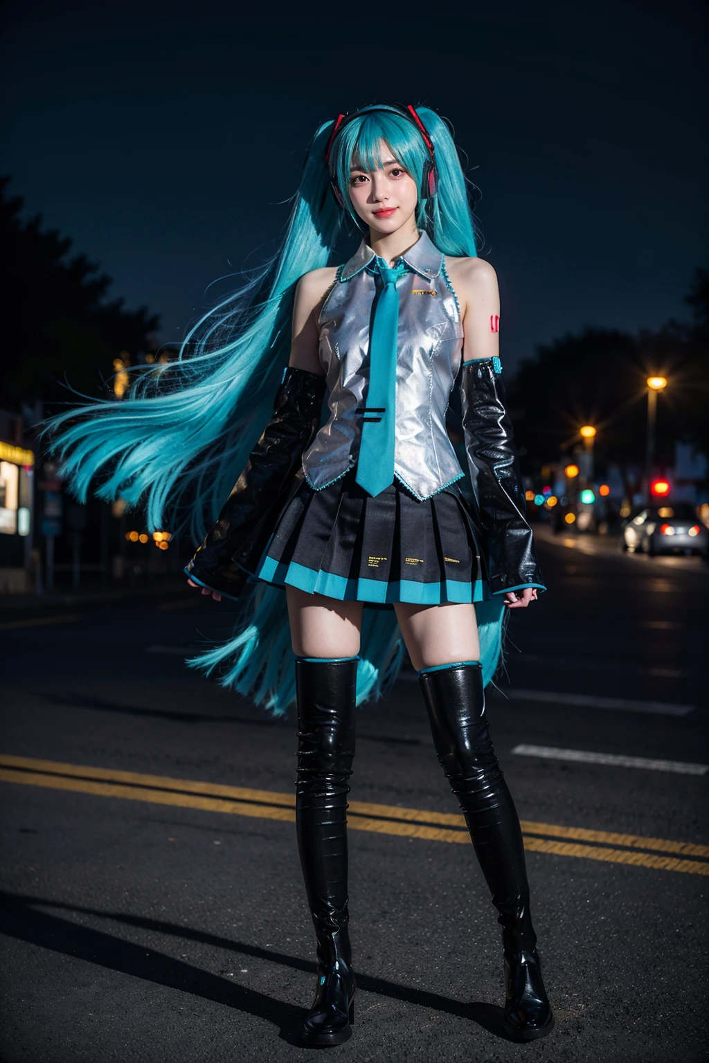 best quality, masterpiece, realistic, photorealistic, 1girl, solo, looking at viewer, smile, standing, full body, hatsune miku cosplay costume, hatsune miku, cosplay, aqua hair, twintails, very long hair, hair ornament, headphones, headset, shirt, skirt, pleated skirt, necktie, aqua necktie, detached sleeves, tattoo, thigh boots, city, street, people, night, neon light, detailed background, <lora:miku_cosplay_original_v1:0.6>