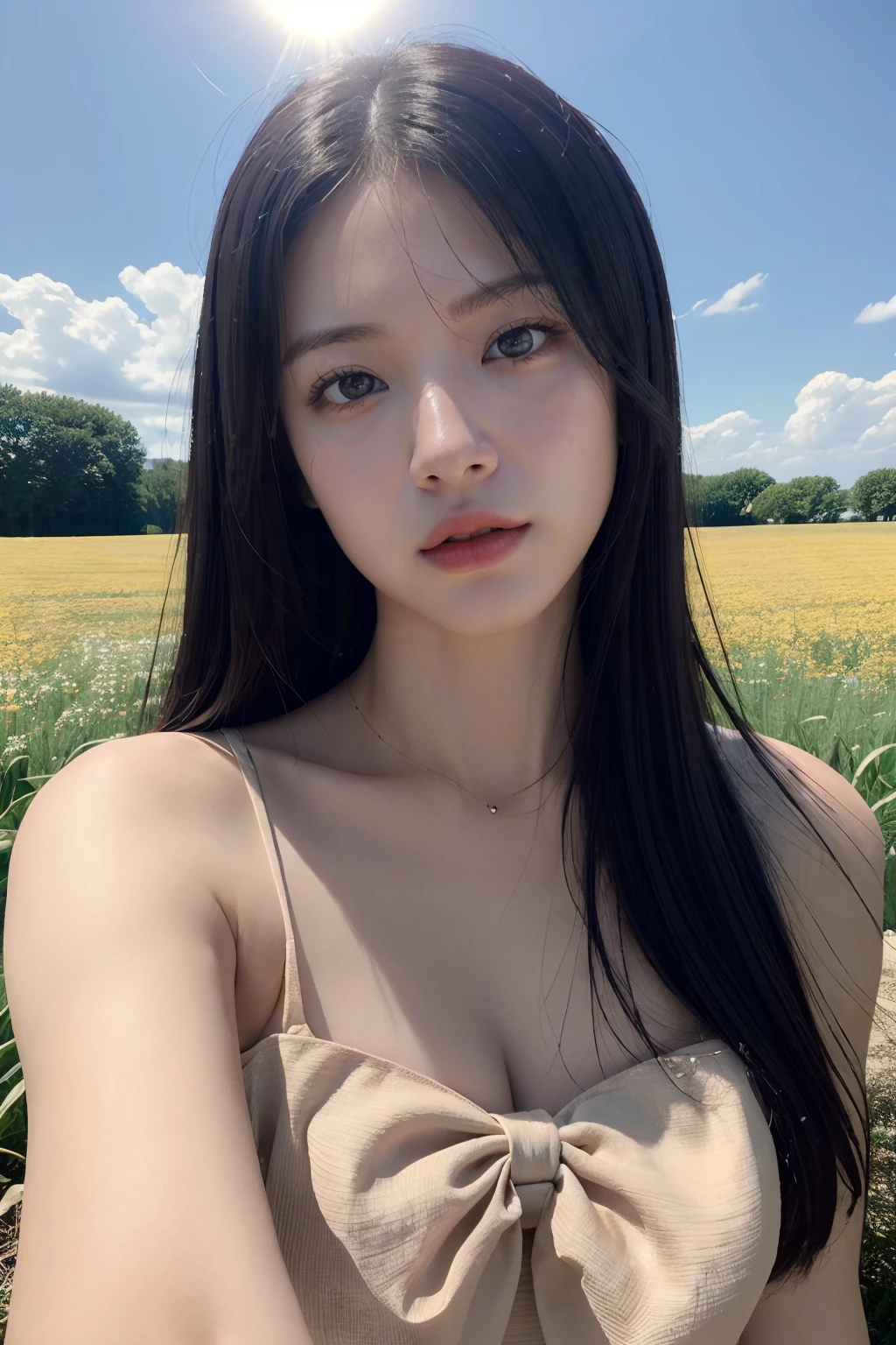 (RAW, best quality:1.8, masterpiece:1.8), (realistic, photo realistic:1.8), ultra high res, UHD, high detail color photo, extremely detailed CG unity 8k wallpaper, absurdres, (realistic skin, Moist skin), (best shadow), (normal physical expression, perfect anatomy), (cinematic lighting), Moist eyes, Moist lips,
BREAK
1girl, asian, black_bow, blonde_hair, bow, brown_eyes, cosplay_photo, depth_of_field, lips, looking_at_viewer, nose, selfie, solo, in a sun-drenched field, flowing summer dress