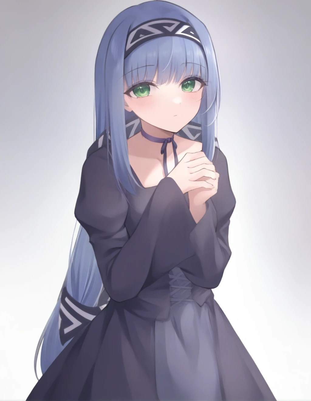 1girl,reverie metherlence, masterpiece, newest, solo, green eyes, white background, long hair, hairband, simple background, dress, eyebrows visible through hair, blue hair, long sleeves, bangs, choker, detached sleeves, closed mouth, standing, black dress, looking at viewer