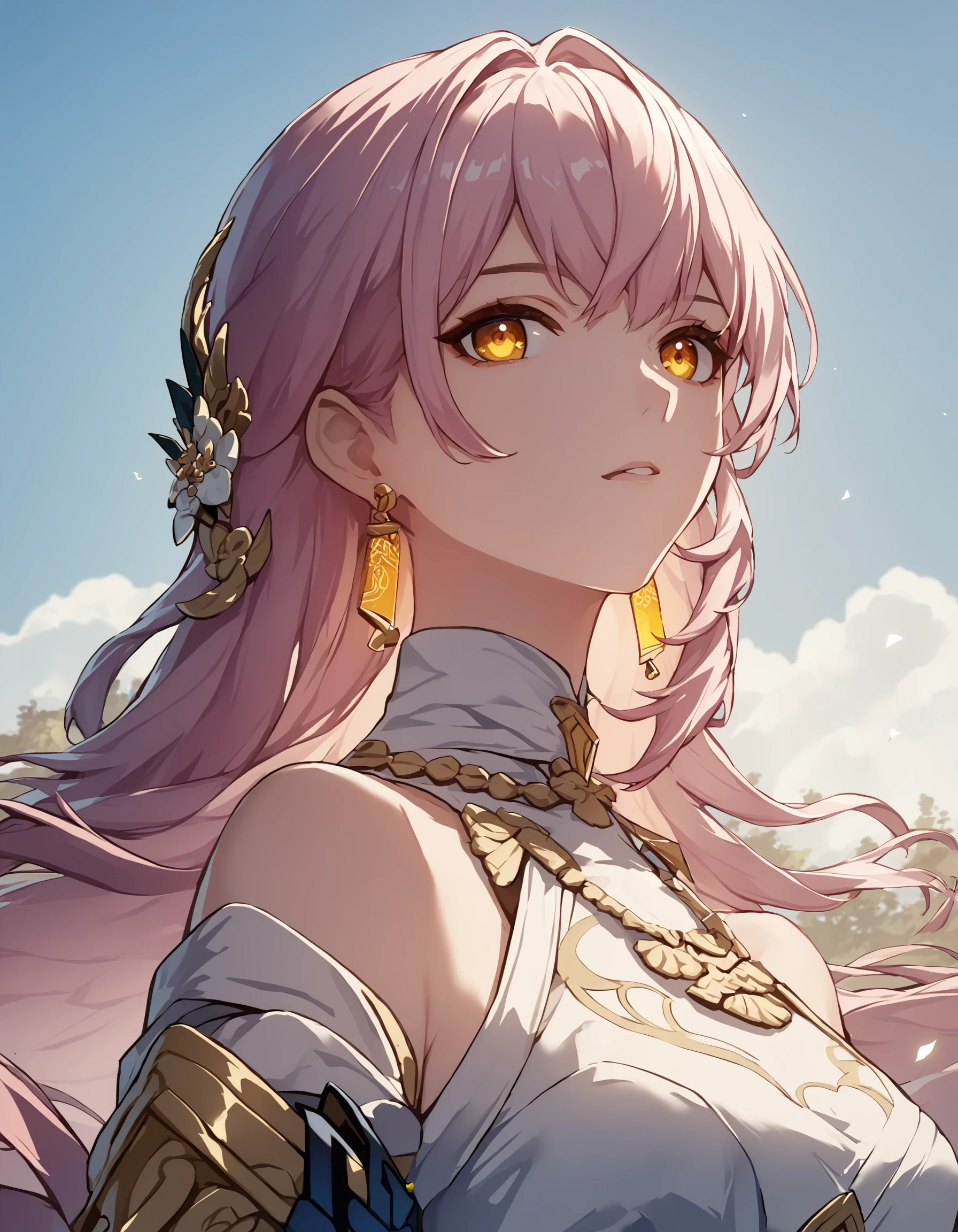 score_9, score_8_up, score_7_up, score_6_up, score_5_up, score_4_up, Hoyoearth, 1girl, solo, long hair, bangs, hair ornament, long sleeves, bare shoulders, jewelry, yellow eyes, upper body, pink hair, earrings, parted lips, sky, very detailed, cinematic angle, outdoors, ultra sharp, rembrandt lighting, side lighting, cinematic shading, cinematic lighting, foreshortening, detailed background, Hoyoverse, source_anime <lora:earthhoyoponyxl:1>