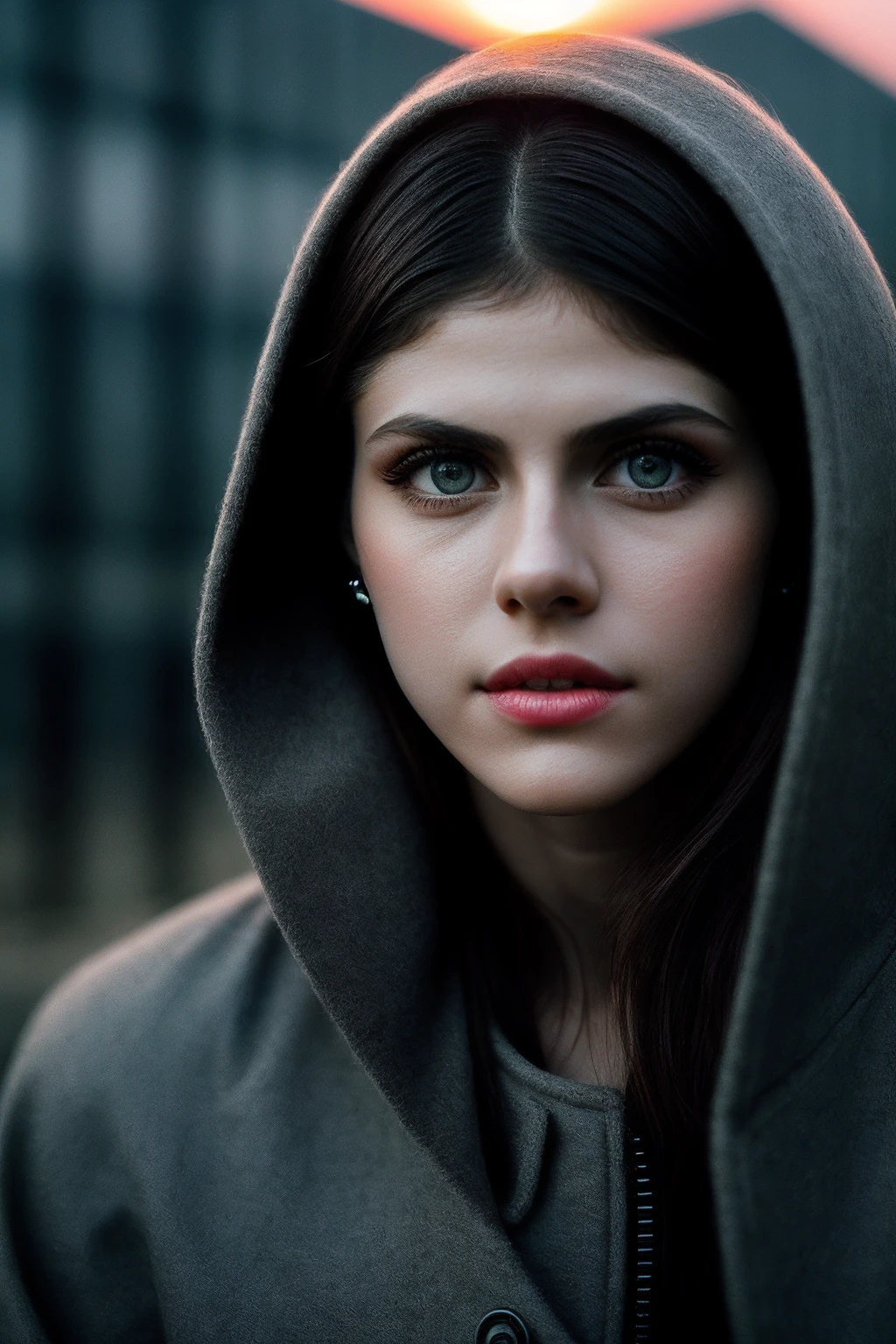 AlexDD_SoloTI_v1,
a beautiful woman, perfect hair, (modern photo, Steel Gray Wool-blend cocoon coat in a modern geometric pattern for a chic look:1.1), closeup portrait, 85mm, (analog, cinematic, film grain, hazy atmosphere:1.3), ((outside, sky and hills background, sunset:1.2)), detailed eyes, (painted lips), (seductive), (epicPhoto), (looking at viewer), earrings, (cinematic shot:1.3),
<lora:add_detail:0.6> ,<lora:LowRa:0.4>