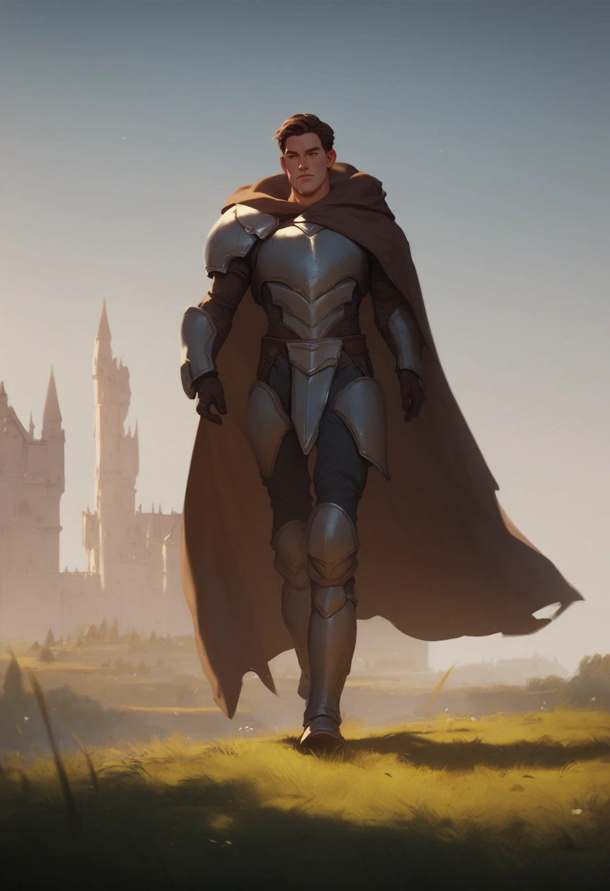 score_9, score_8_up, score_7_up, score_6_up, score_5_up, score_4_up, adventurer man walking in grass fields, castle in background, armored male, medium brown hair, light facial hair, medium shot, cape <lora:LoRLycoXL:1>