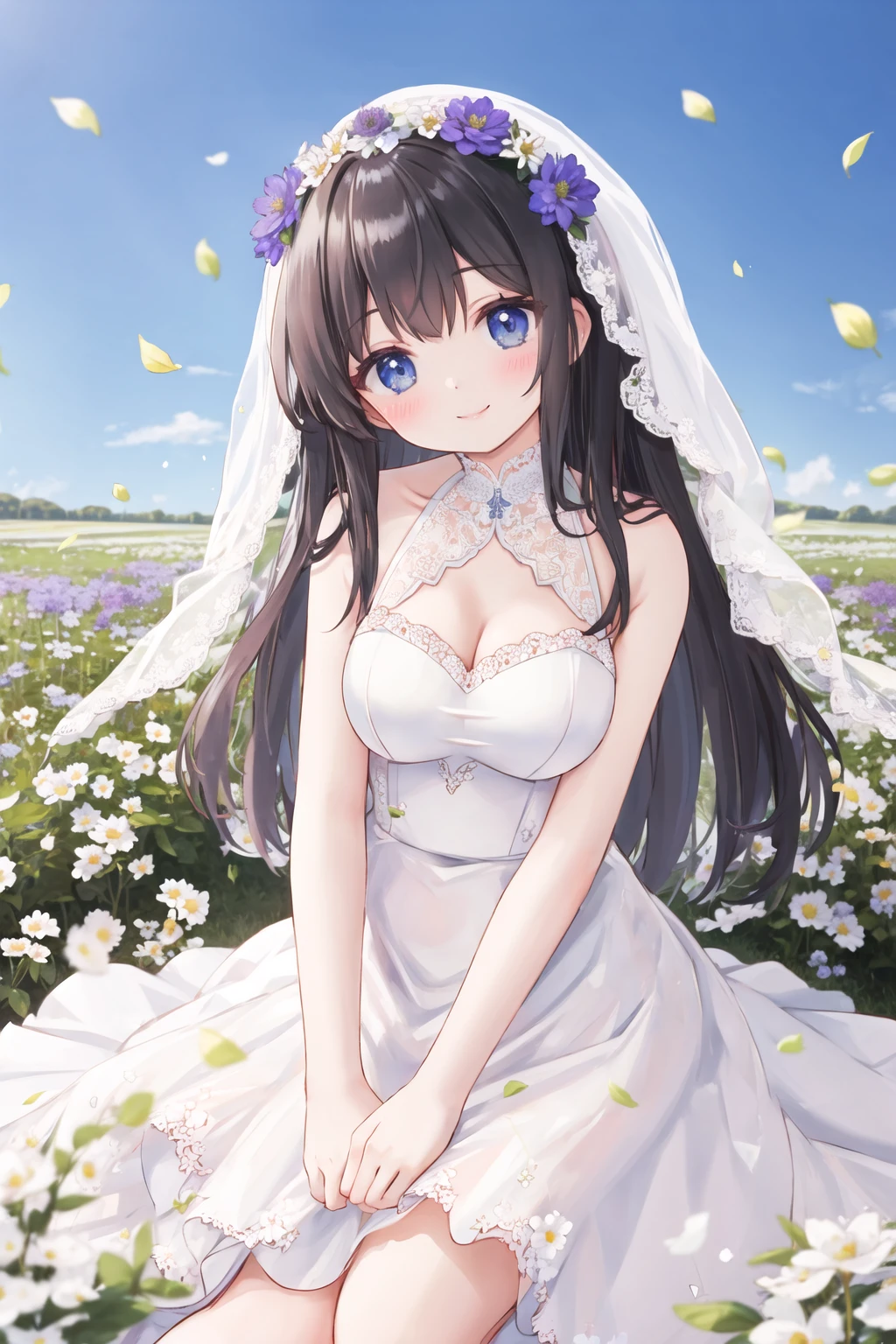 <lora:flofield:0.6>, flower field, sitting, white dress, veil, wedding dress, medium breasts, smile, head tilt