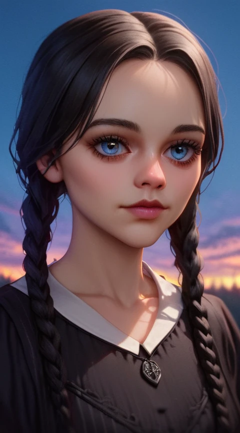 score_9, score_8_up, score_7_up,Wednesday,<lora:WednesdayPonyXL:0.6>,wednesday_addams, adult face,dress,beautiful detailed face,big cute eyes, black dress , outdoor, sky, blue sky, outdoor, upper body, collarbone, focus face, focus,