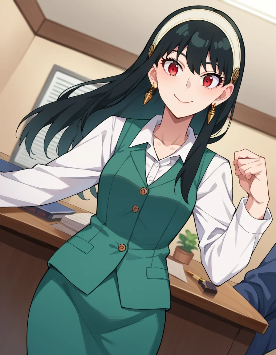score_9, score_8_up, score_7_up, source_anime,
yorbriar, <lora:yor-briar-ponyxl-lora-nochekaiser:1>,
yor briar, black hair, red eyes, earrings, white hairband, hairband, long hair, sidelocks, smile,
skirt, shirt, long sleeves, white shirt, earrings, collared shirt, vest, green skirt, pencil skirt, office lady, green vest,
indoors, office,
looking at viewer, cowboy shot, dutch angle, dynamic pose,
