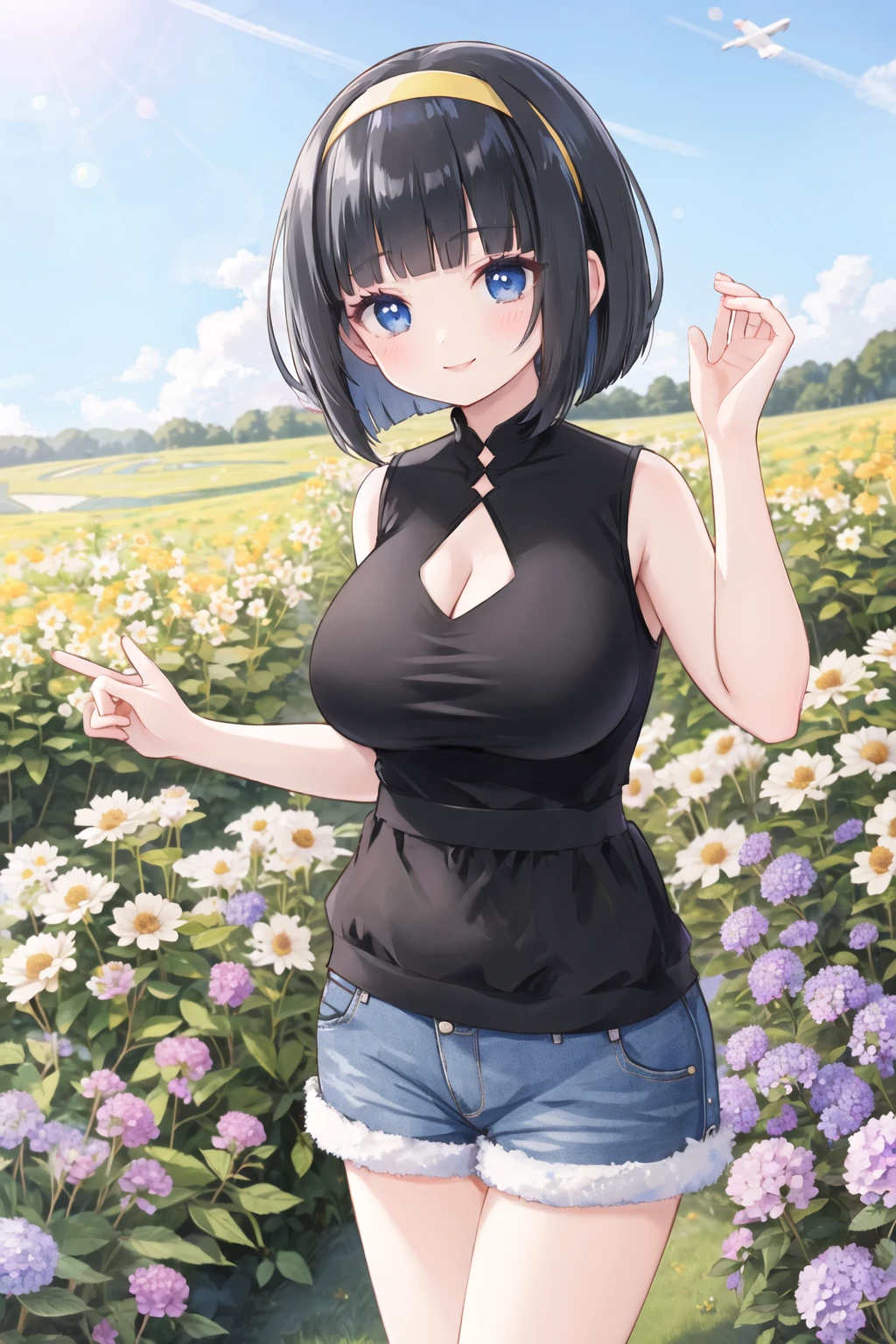 <lora:flofield:0.6>, flower field, large breasts, bob cut, black hair, blue eyes, hairband, sleeveless shirt, shorts, smile, blunt bangs
