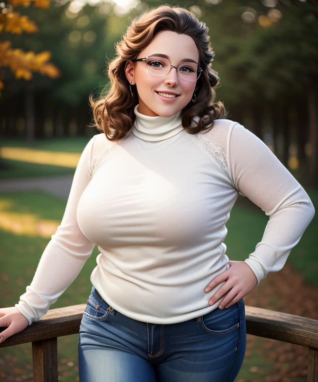 c0hl3u3 , (((blurred nature, outdoor), close portrait photo, smile, realistic, ((Brave Elegance: Long Sleeves, Turtleneck, jeans,), chiubby