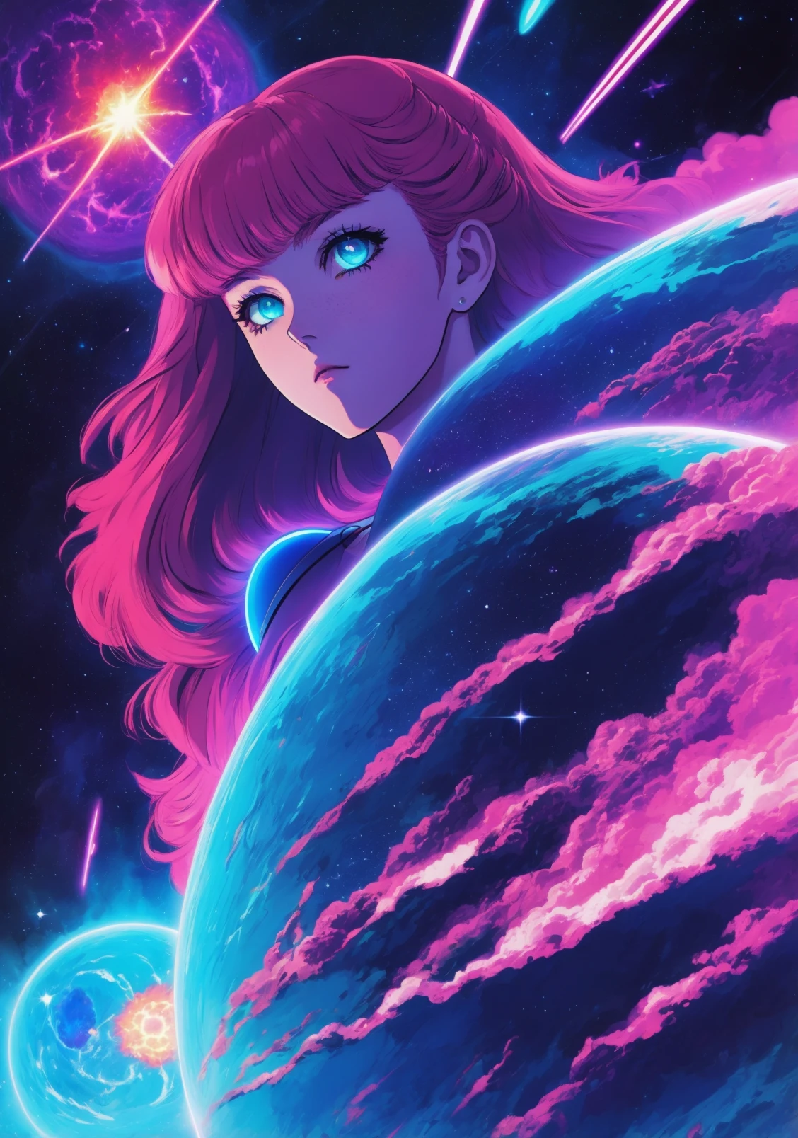 <lora:FreckledVixon2:0.9>, adult woman, FreckledVixon, supernova explosion, outer space, <lora:HUD_N90s_Anime-08:0.4>, HUD_Neon_90s_Anime