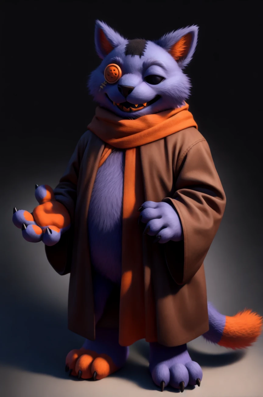 male, solo, seam \(deltarune\), purple cat, button eyes, felid, plushie, stitch \(sewing\), tail, smile, fang, sewn mouth, one black eye, one orange eye, button \(fastener\), standing, patch \(fabric\), full-length portrait, cheek tuft, masterpiece, extreme detail, mature male, brown robe, long sleeves, shawl, barefoot, claws, toe claws, fewer digits, 3 toes, dark background, asymmetrical, mismatched, pawpads