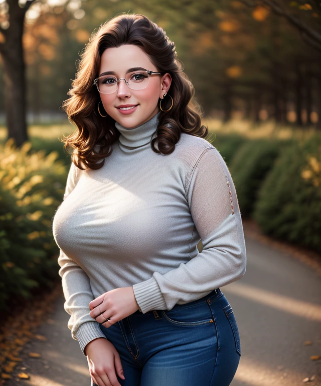 c0hl3u3 , (((blurred nature, outdoor), close portrait photo, smile, realistic, ((Brave Elegance: Long Sleeves, Turtleneck, jeans,), chiubby