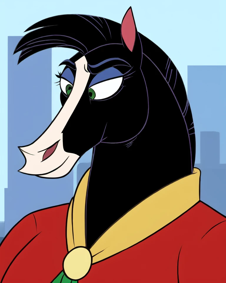 toony, flat colors
bust portrait, city background, solo, anthro, female khanhorse, clothed, black fur, <lora:khanhorse:1>