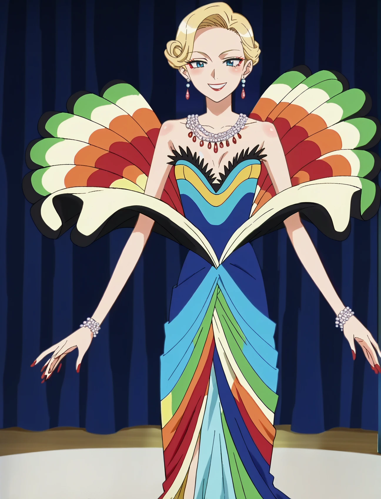 score_9, score_8_up, score_7_up, score_6_up, score_5_up, score_4_up, BREAK source_anime,anime screencap,rating_explicit,1girl,solo,anime screencap,smile,
edgTM, a woman in a colorful dress on a runway ,wearing edgTM_style fashion, eccentric clothing,
<lora:edgTMuglerPony:0.9>
<lora:MarinXL:0.7> marin_kitagawa, earrings,