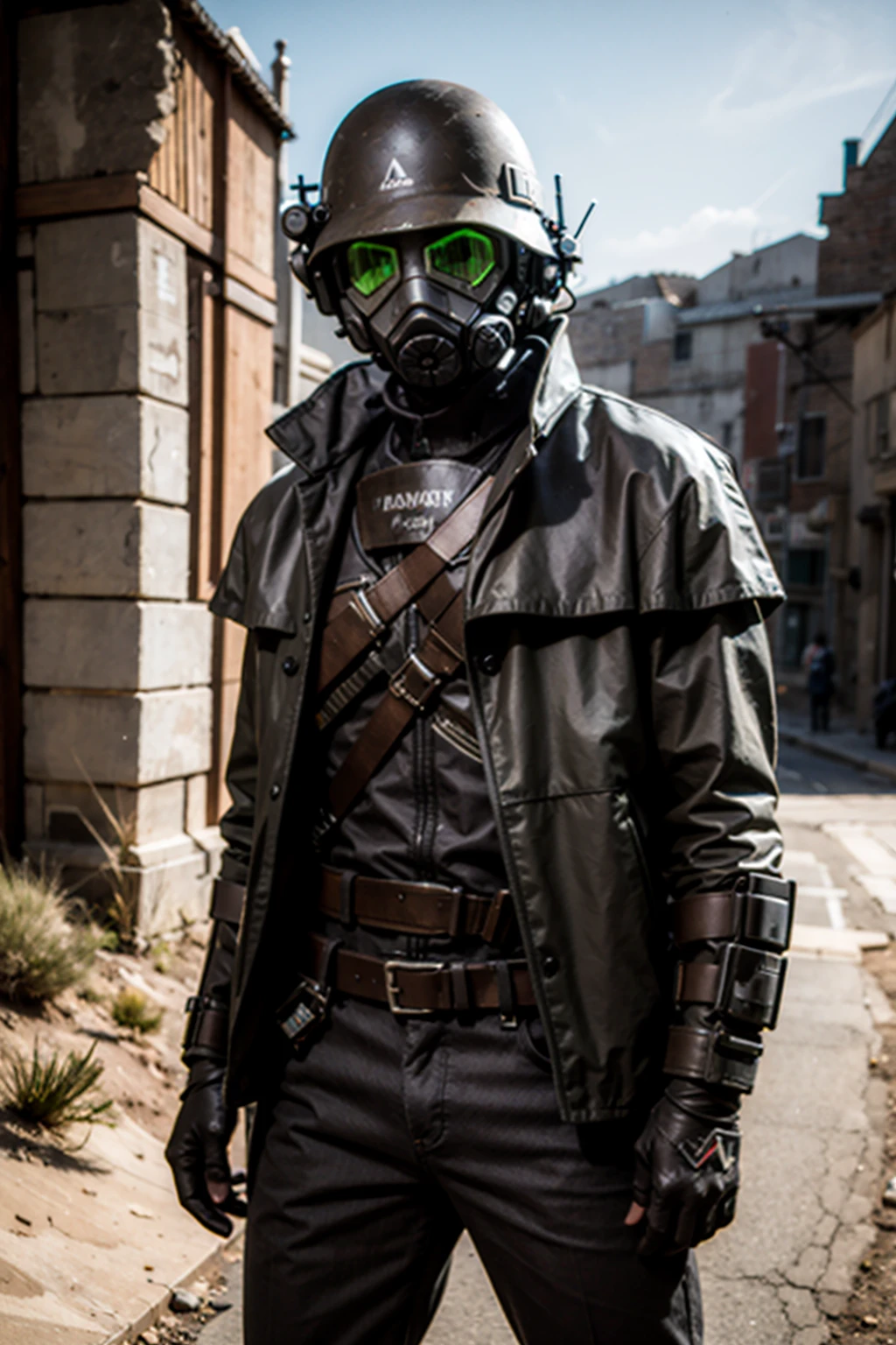 (realistic:1.3), finely detailed, quality, rembrandt lighting, (masterpiece:1.2), (photorealistic:1.2), (best quality), (detailed skin:1.3), (intricate details), dramatic, ray tracing, 1boy, solo, <lora:Desert_Ranger_-_Fallout_new_vegas-000006:1>, Desert Ranger, front, standing, looking  at camera,