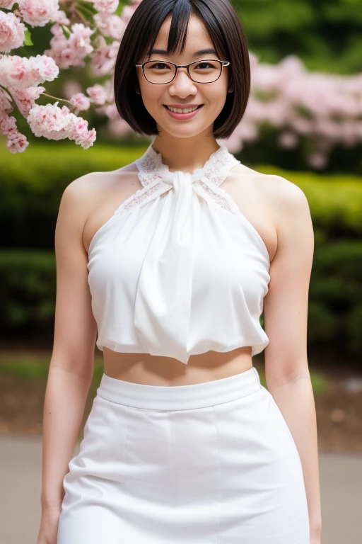 1girl,(RAW photo, best quality), (realistic, photo-realistic:1.4), masterpiece, an extremely delicate and beautiful, extremely detailed, 2k wallpaper, Amazing, finely detail, extremely detailed CG unity 8k wallpaper, ultra-detailed, highres, soft light, beautiful detailed girl, extremely detailed eyes and face, beautiful detailed nose, beautiful detailed eyes,cinematic lighting,perfect anatomy,slender body,
wearing a white halter neck blouse,white skirt,full body,(bokeh)
at a flower park,sakura flowers,flower garden,
 <lora:tokitoami_lora:0.7>,(glasses),smiling
