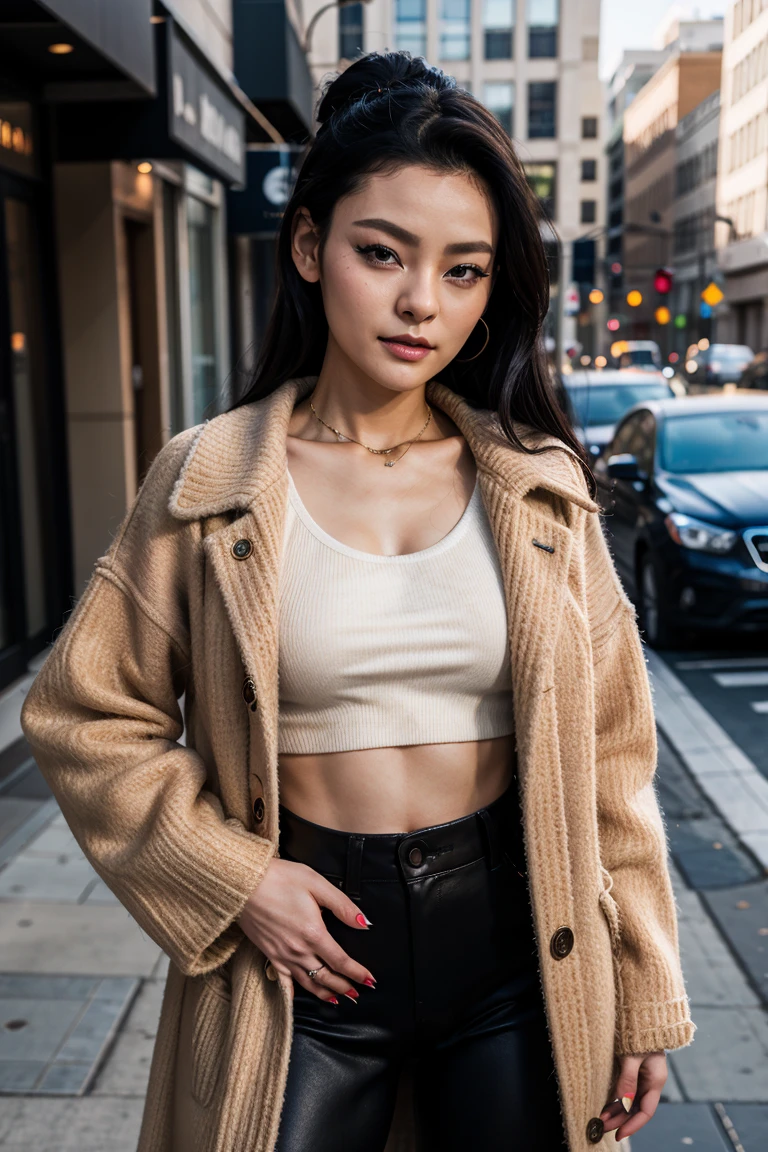 Highly detailed and incredibly beautiful 25-year-old Japanese woman in an all-white sweater and brown jacket, black leather pants, (large chest and buttocks: 0.6), pale skin, brown eyes, looking at the camera, walking in New York among giant skyscrapers and huge buildings, long curly hair, (perfect eyes:1. 2), (perfect face:1.2), perfect hands, (perfect fingers:1.2), (perfect legs:0.5), (toned physique:1.2), high-quality RAW photography, hyper-detailed, hyper-realistic, incredible and beautiful, Hasselblad 35mm lens, ISO 400, face in the frame, character centered in the frame