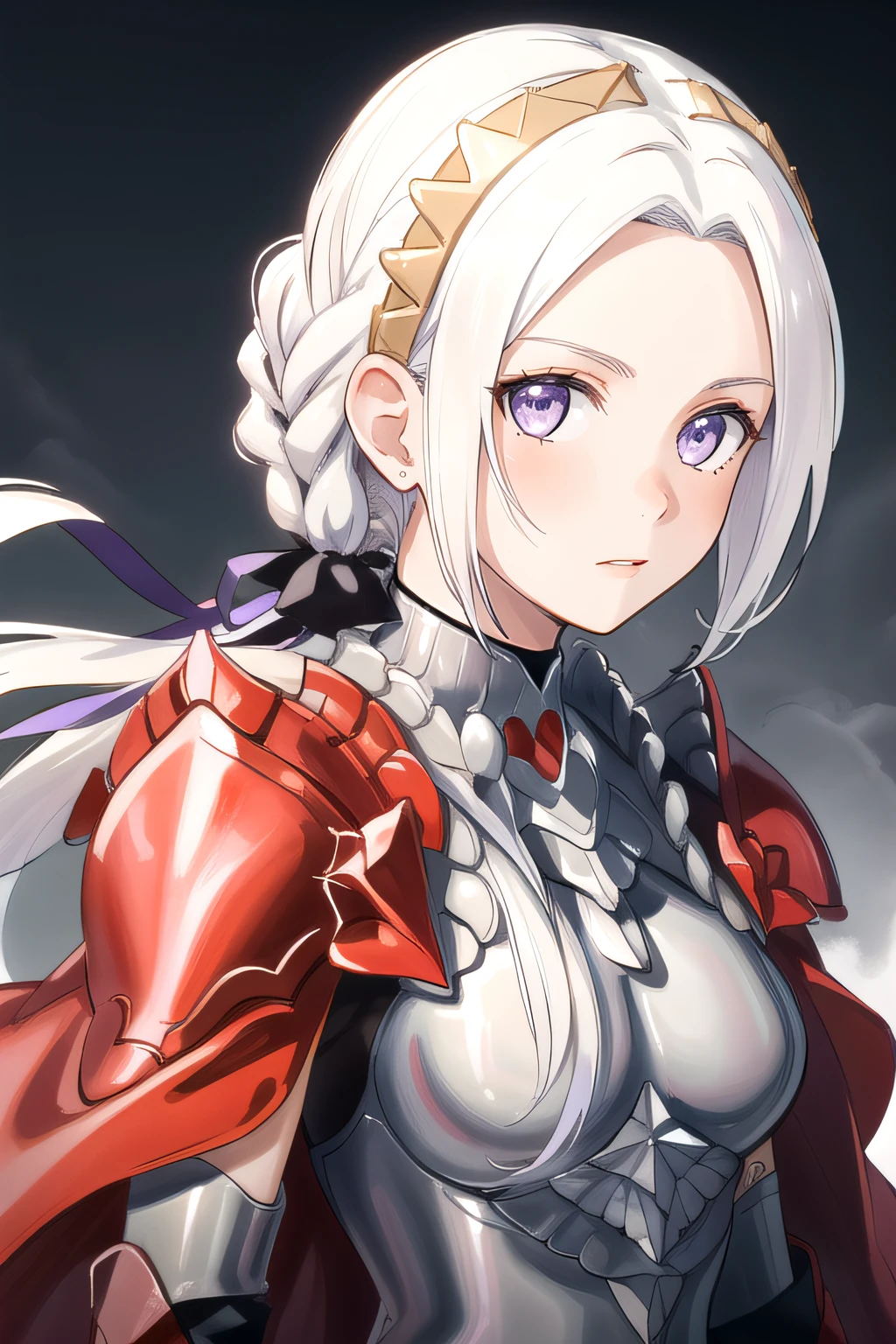(masterpiece:1.2), best quality, high resolution, unity 8k wallpaper, (illustration), extremely detailed face, perfect lighting, extremely detailed CG, 1girl, solo, <lora:Edelgard:0.8>, purple eyes, white hair, long hair, hair ornament, ribbon, red cape, armor, standing, upper body, looking at viewer, expressionless, simple background, frontal view