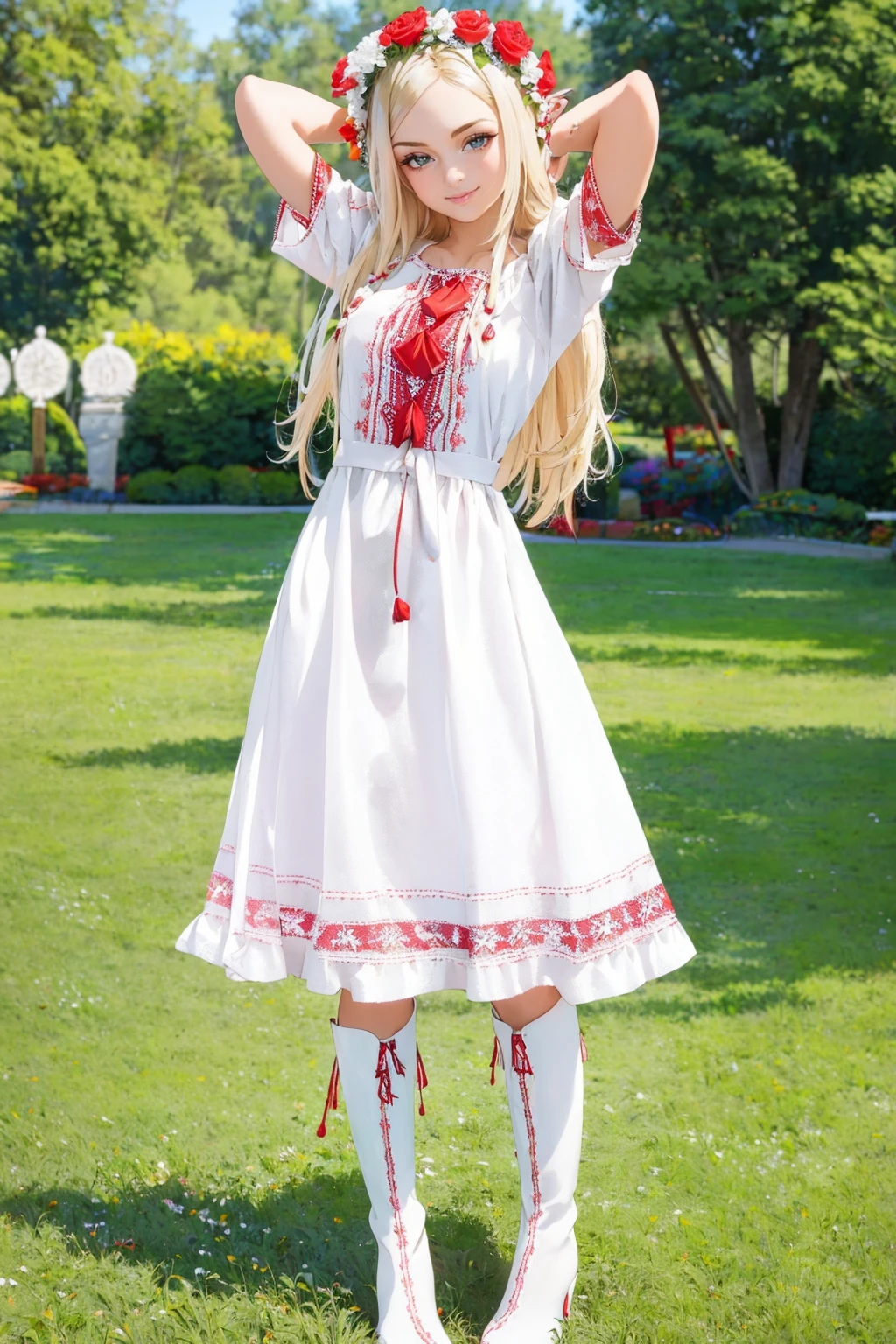 ((masterpiece,best quality,edgQuality)),(smile:0.8),1girl,solo,
edgVyshivanka style embroidery, wearing edgVyshivanka, long hair, looking at viewer, smile, blonde hair, hair ornament, dress, jewelry, standing, full body, flower, boots, outdoors, day, nail polish, white dress, bracelet, rose, knee boots, grass, red footwear, red nails, realistic, head wreath, photo background,arms behind head
 <lora:edgVyshyvankaRediscovery:1>
 <lora:edgPBlondeDollLikenessv1:0.8> edgpb_woman, edgpb_face, edgpb_body,garden background