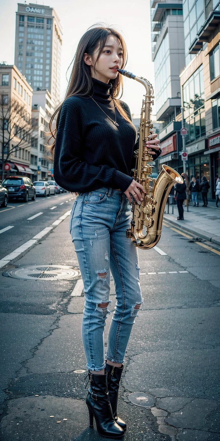 1girl, playing saxophone, saxophone, stand, full body,  high-heeled boots,outdoor, sweater, jeans,
masterpiece, best quality, 8k