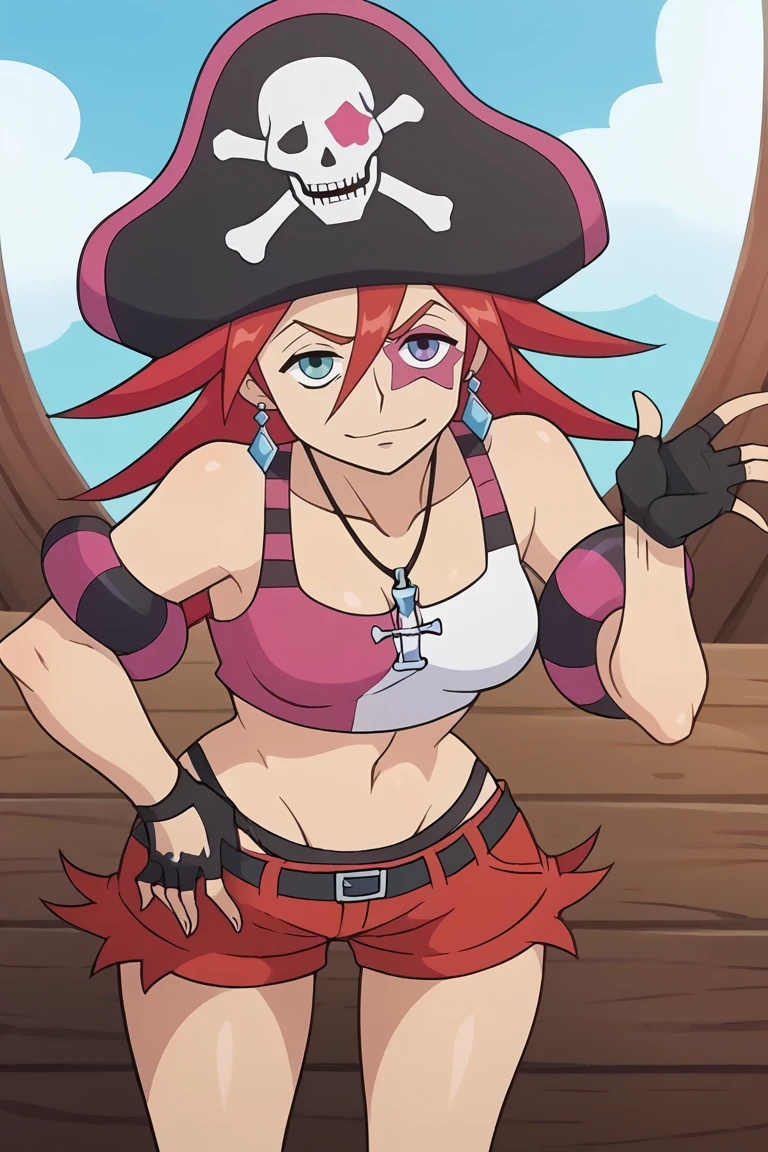 score_9, score_8_up, score_7_up, BREAK,  <lora:neversaint-guy-PONYv1:1>, 1girl, solo, breasts, <lora:aa_sashabuckler_ponyXL:0.9> sasha buckler, pirate hat, skull and crossbones, crop top, shorts, single thighhigh, striped, fingerless gloves, jewelry, necklace, earrings