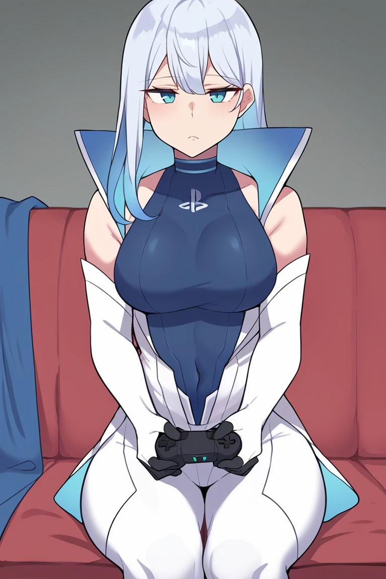 score_9, score_8_up, score_7_up, BREAK,  <lora:ntrman-guy-PONYv1:1>, 1girl, solo, breasts,  <lora:PSchanXLPD:0.95> PSchan, elbow gloves, bare shoulders, sleeveless, gloves, sitting, holding game controller,