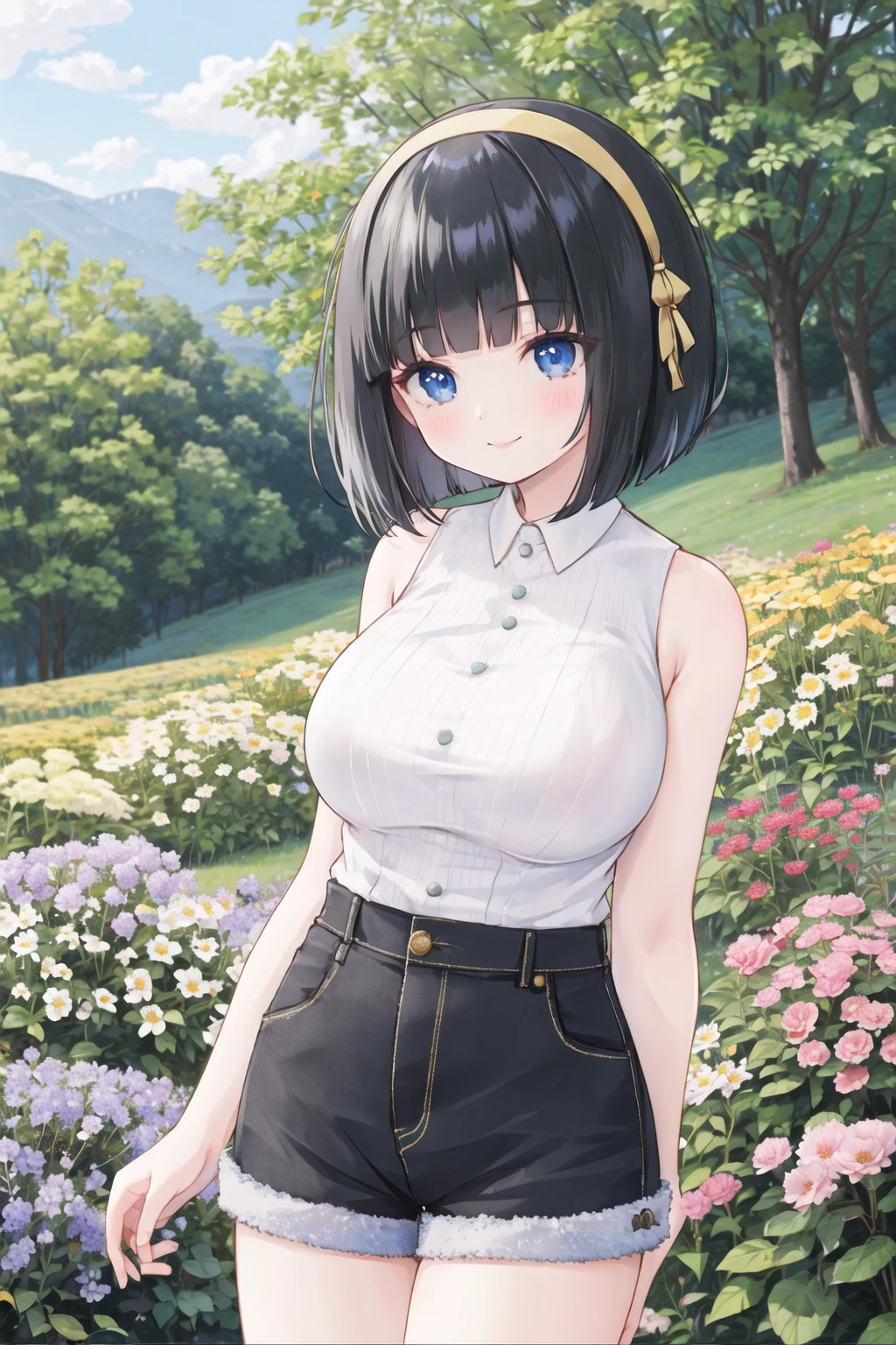 <lora:flofield:0.6>, flower field, large breasts, bob cut, black hair, blue eyes, hairband, sleeveless shirt, shorts, smile, blunt bangs
