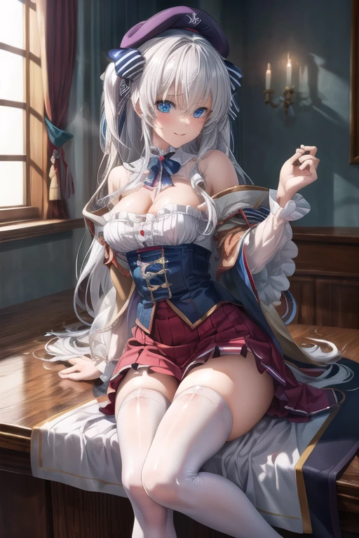 (masterpiece, photorealistic, best quality, extremely detailed CG, beautiful detailed eyes, ultra-detailed, panorama, depth of field, intricate details),(Sliver hair, long hair, blue eyes),(detailed beautiful eyes:1.3),large breasts,rib cage,perfect female waist,light blush,(white thighhighs:1.5),full body,According to predicate,((detailed background, smile, celia claire, (white capelet:0)), (nsfw:0.6),,<lora:celiaClaireSeireiGensouki_whiteCapelet:1>,,,<lora:add_detail:0.5>,