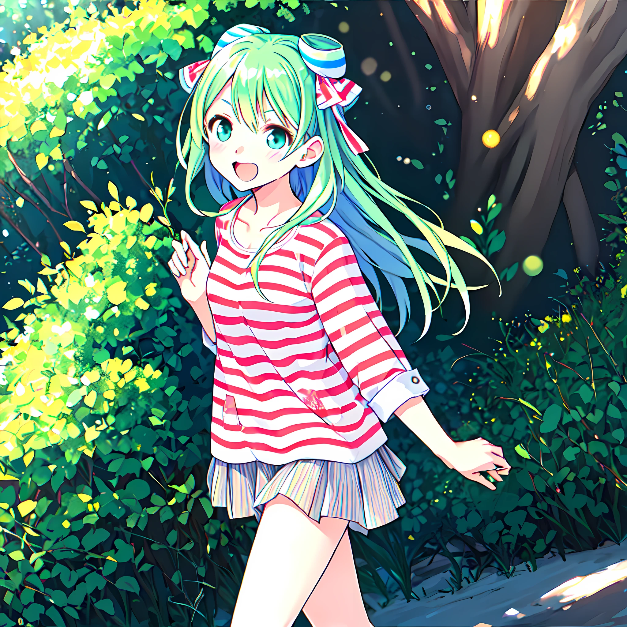<lora:Cecile:1>,Cecile,1girl,super fine illustration,masterpiece,best quality,;d,park,striped_shirt,walk,day,walk vigorously,