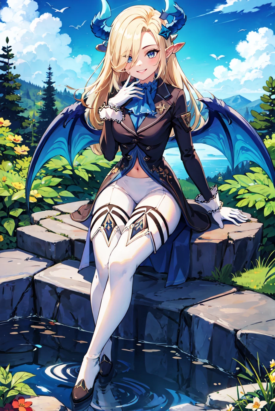 best quality, masterpiece, 1girl,  <lora:Bianca_-_GT-000006:0.95>, bbianca, black dress, white gloves, white pants, demon wings,  detailed thighhighs, thigh boots, hair ornament, sitting on a rock, smile, garden landscape, sunny, clouds