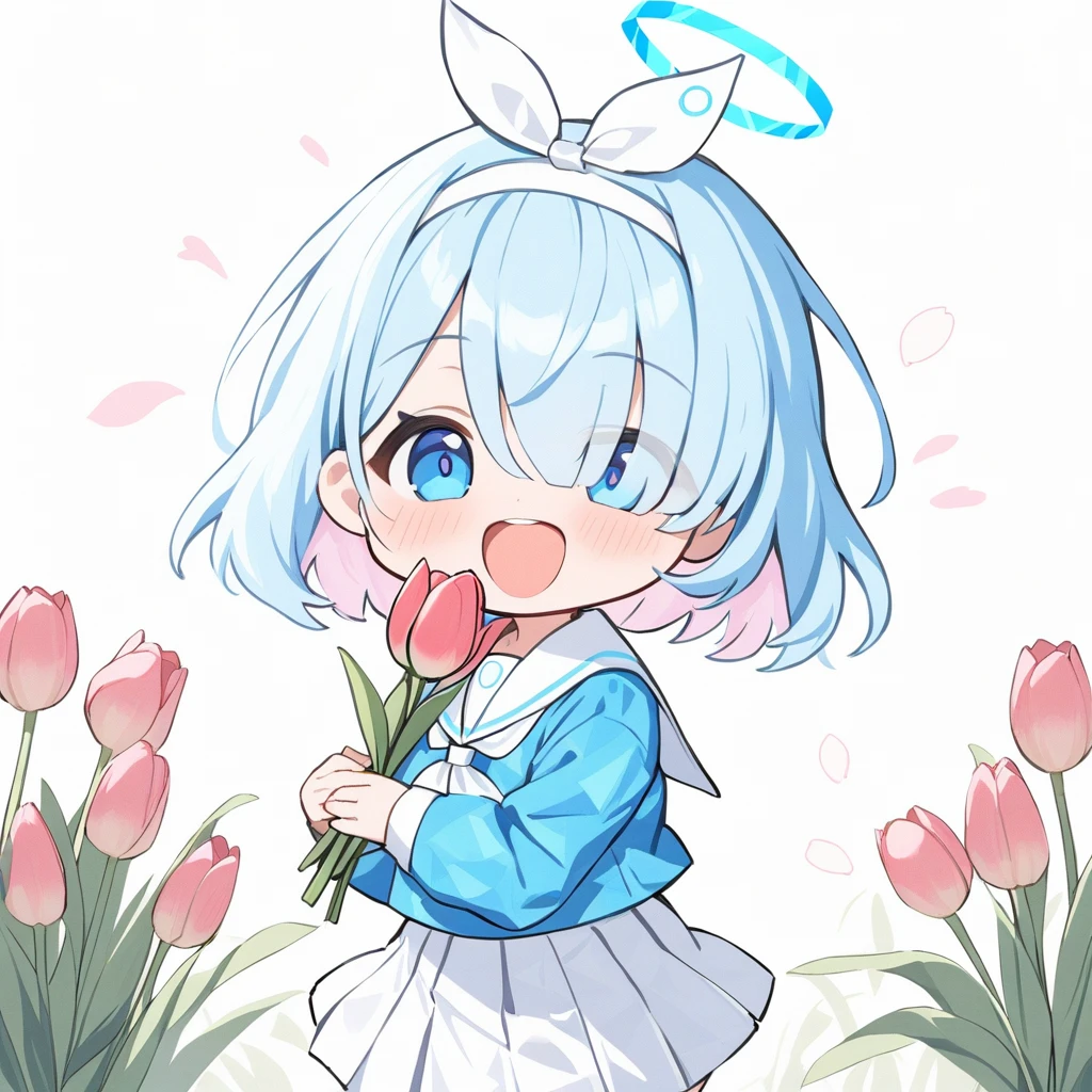 arona (blue archive),
1girl,solo,halo,blue eyes,(chibi:1.3),
masterpiece,best quality,
blue school uniform,serafuku,skirt,neckerchief,flower,holding flower,holding,tulip,long sleeves,pink flower,plaid,floating hair,shirt,laughing,hand up,<lora:plana_(blue_archive)-an3xl-lokr:1>,