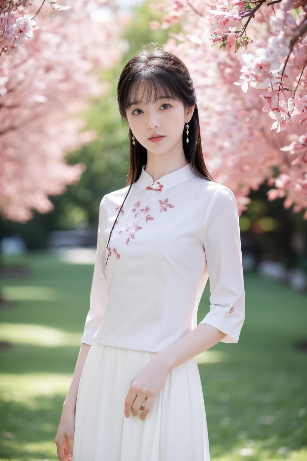 best quality,HDR,UHD,8K,Vivid Colors,solo,photo_,(1girl:1.3),(standing:1.3),(looking at viewer:1.4),Elegant,detailed gorgeous face,(upper body:1.2),bright,(lawn background:1.2),(pale skin:1.4),<lora:Twinkle7:0.75>,pink shirt,white skirt,
