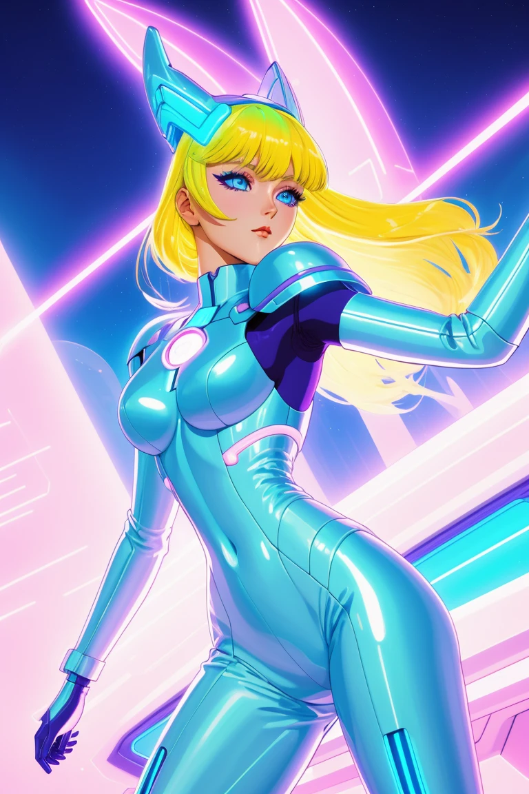 ((Zero Suit Samus)), (Samus Aran), (Metroid), ((sci-fi)), science fiction, ((blue latex)), wearing a (big diaper), pleasure, (kinky), colorful, fantasy, (magic), (magical fog), mature, (big breasts), wide hips, blushing, blonde, ((blushing)), big lips, bimbo, long lashes, (confident), ((mommydom)), atmospheric, celestial, smiling, dominatrix